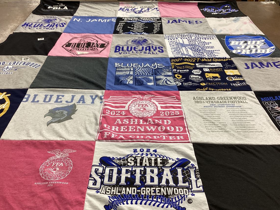 T-shirt quilt featuring ashland-greenwood football, bluejays volleyball by Sandy from NE