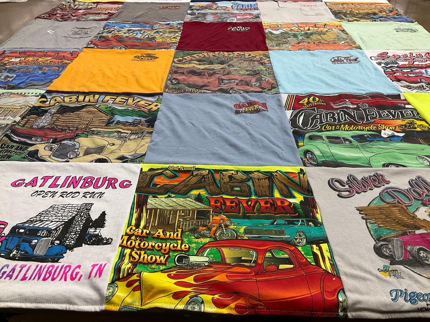 T-shirt quilt with cars, motorcycles themes by Sheryl from TN