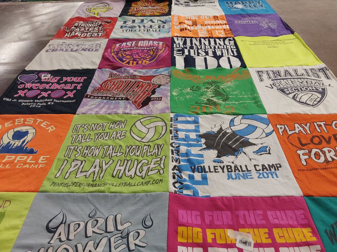 T-shirt quilt with volleyball, sports themes by Linda from NY