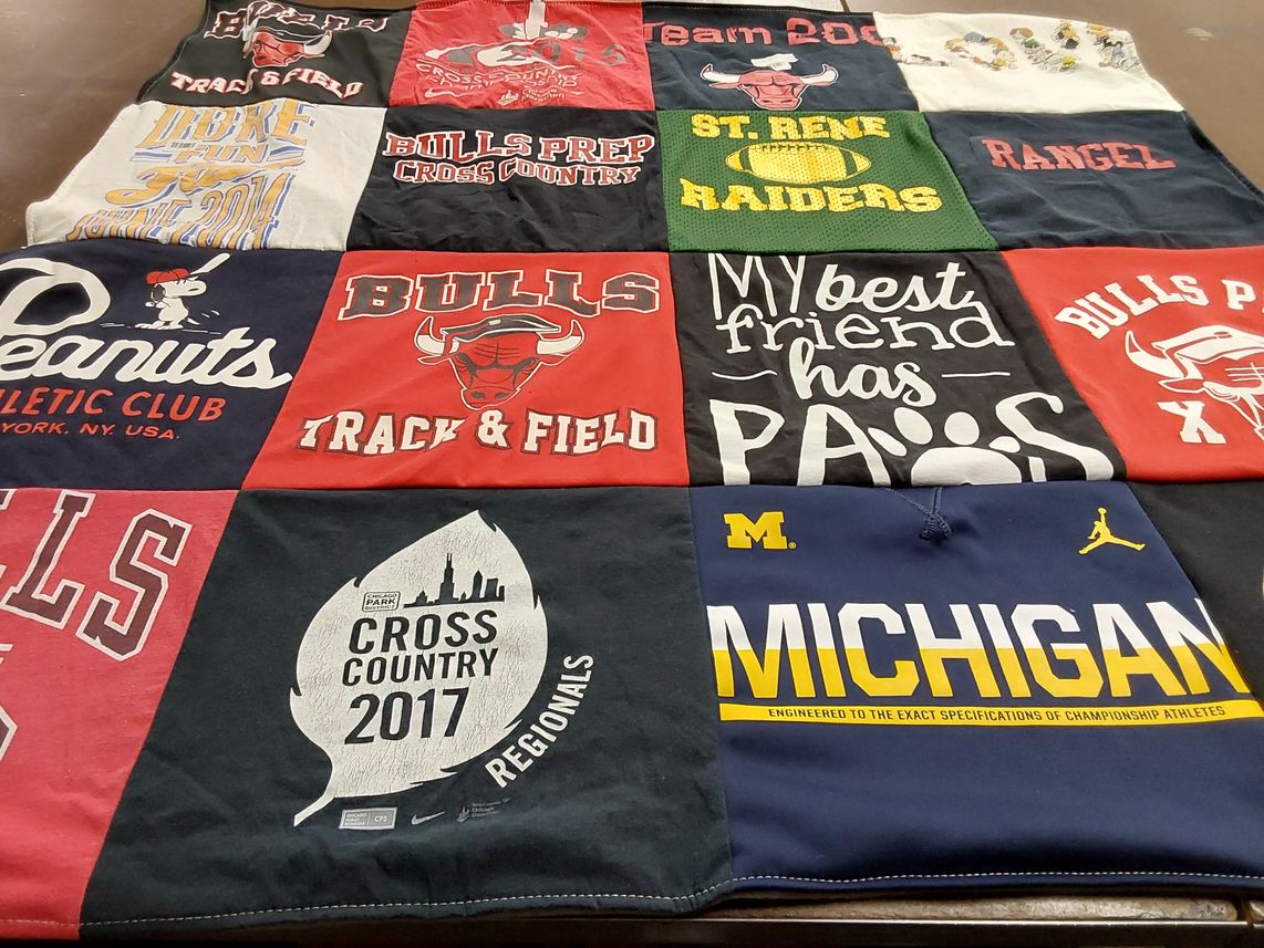 T-shirt quilt featuring bulls, st. rene raiders by Laura from IL