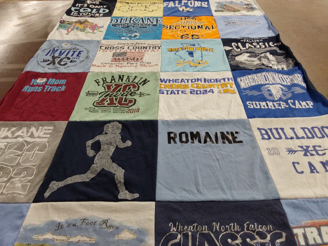 T-shirt quilt featuring wheaton north falcons, franklin cross country by Leah from IL