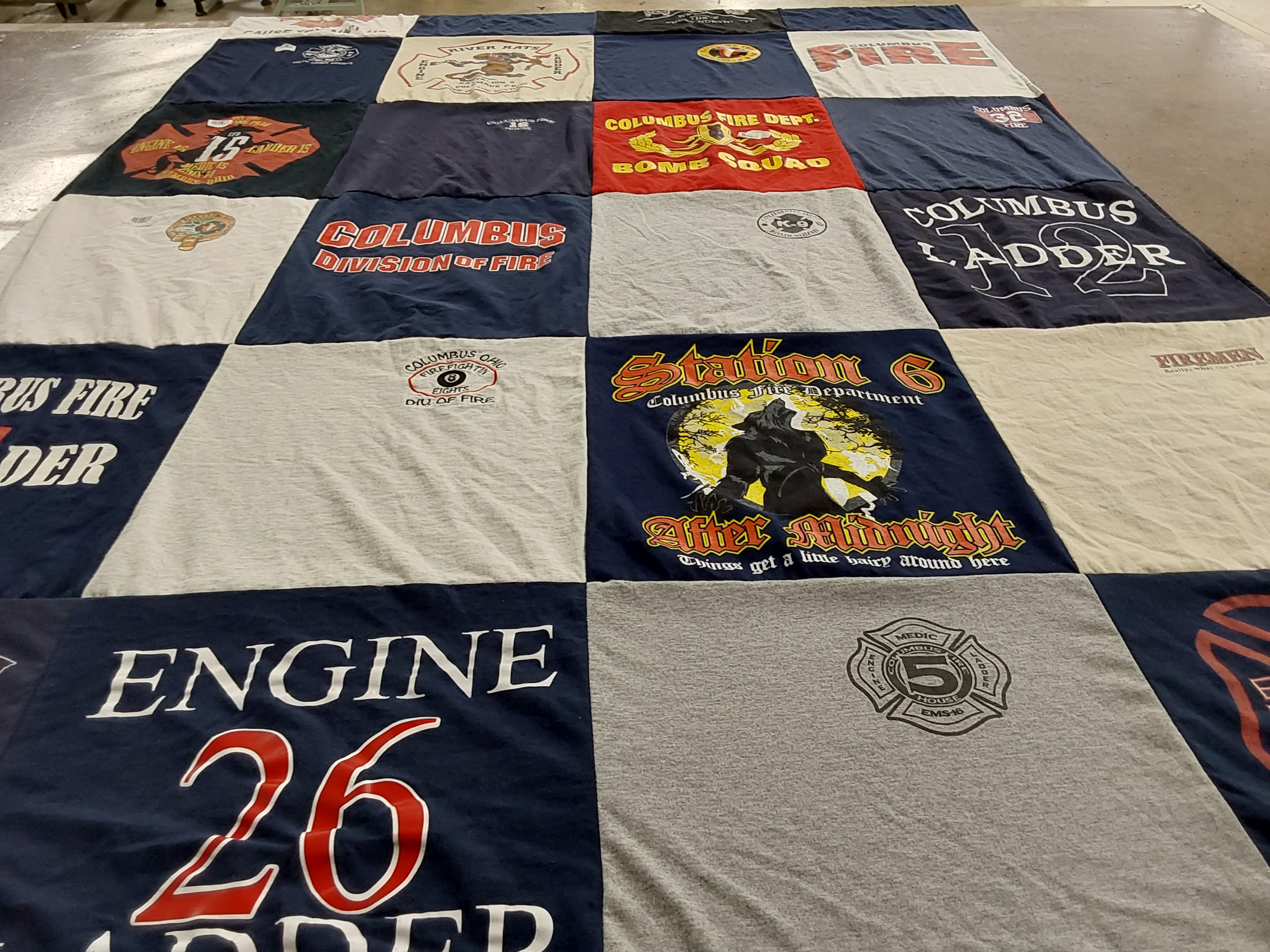T-shirt quilt with firefighting, emergency services themes by mary from OH