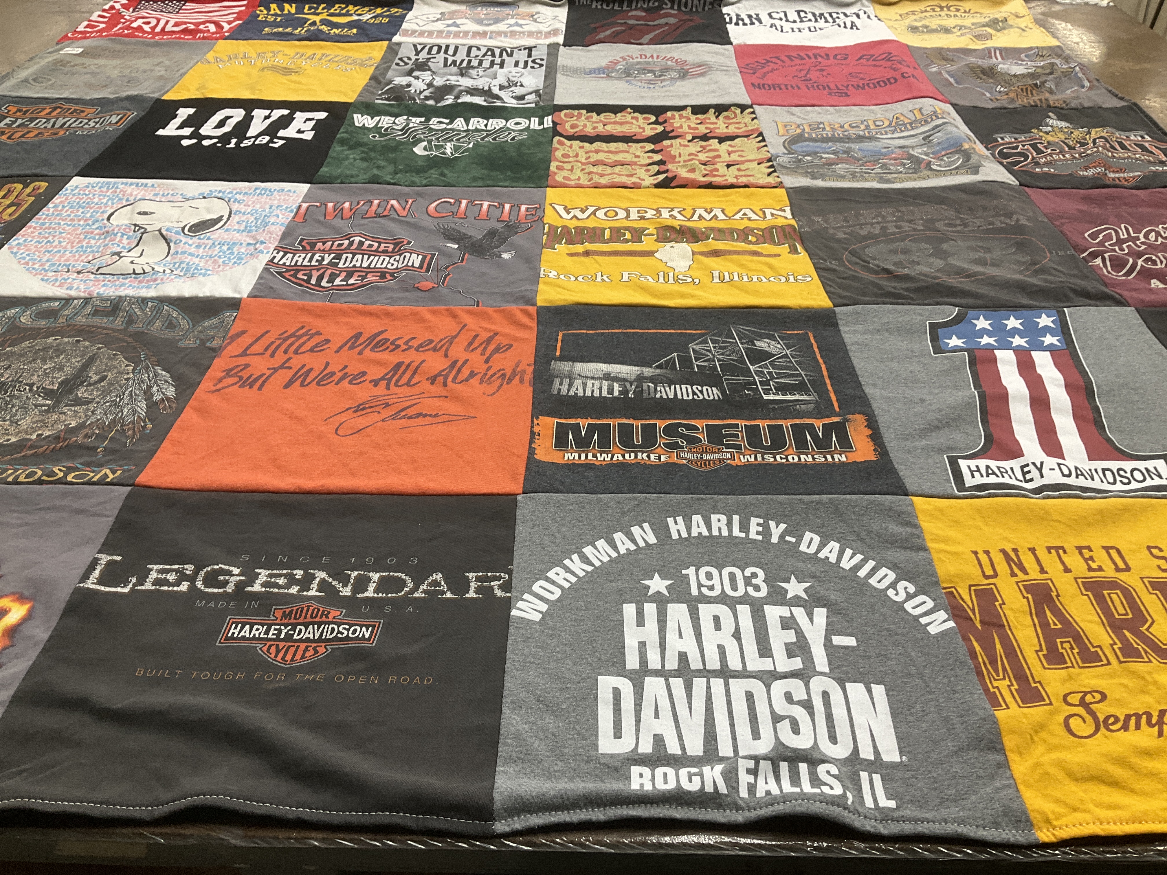 T-shirt quilt with motorcycles, harley-davidson themes by Kristan from IL