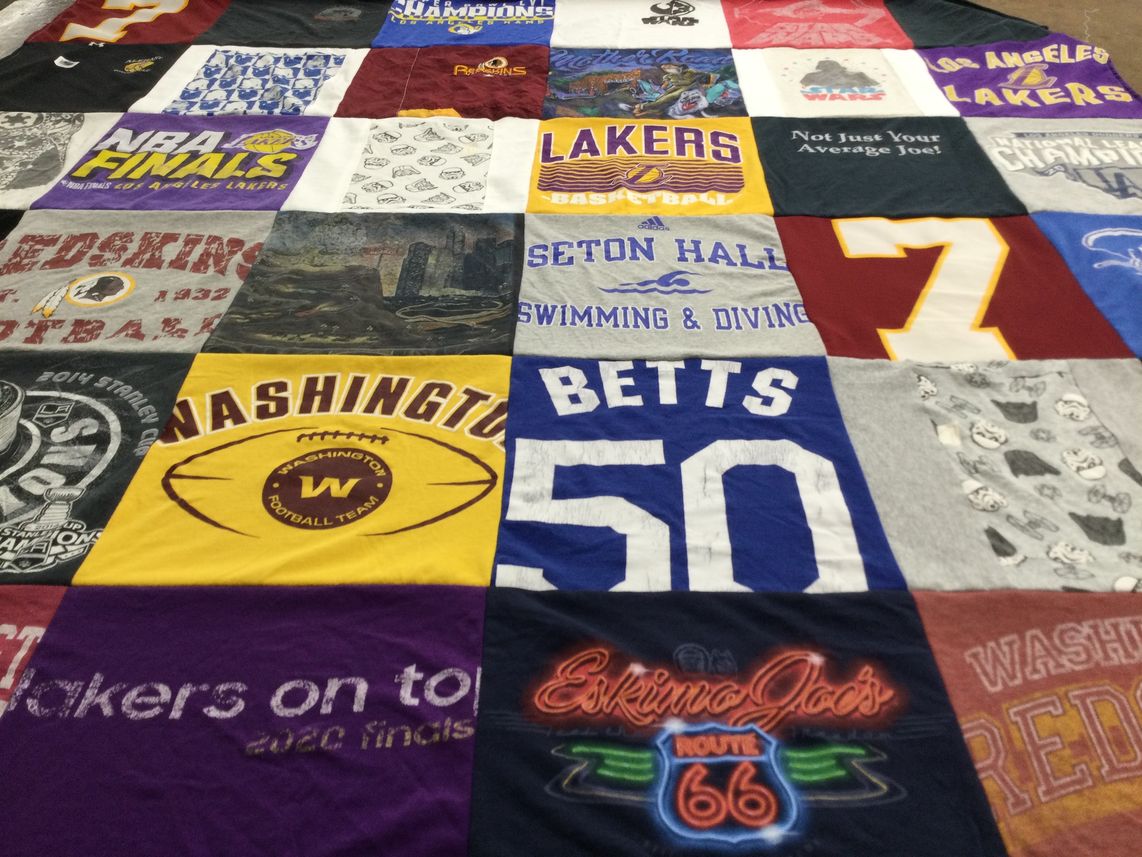 T-shirt quilt featuring washington football team, los angeles lakers by Kelsey from NJ
