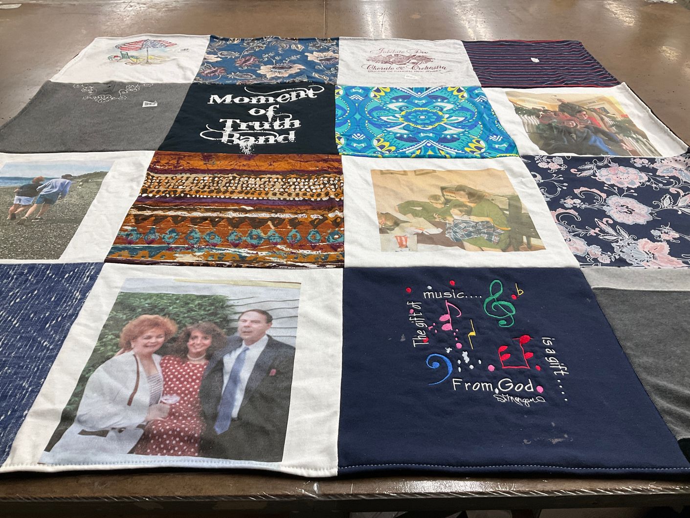 T-shirt quilt with music, family themes by Sharon from NJ