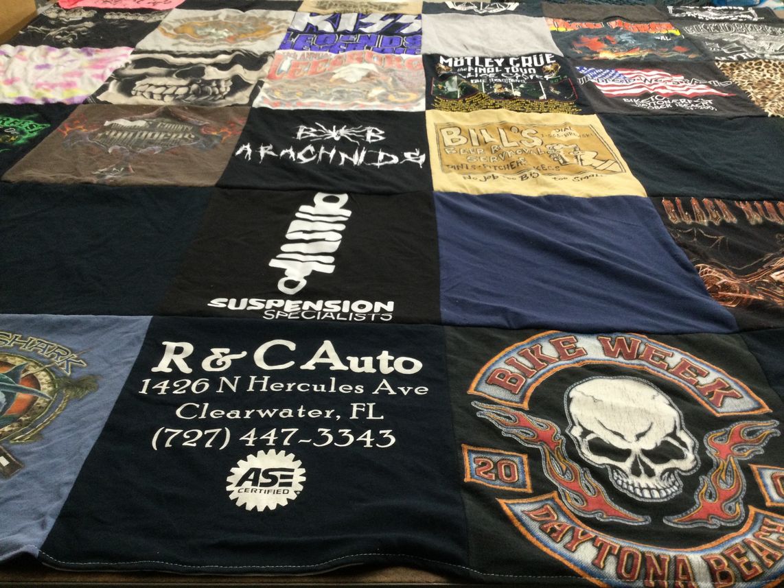 T-shirt quilt with motorcycles, automotive themes by Lindsay from FL