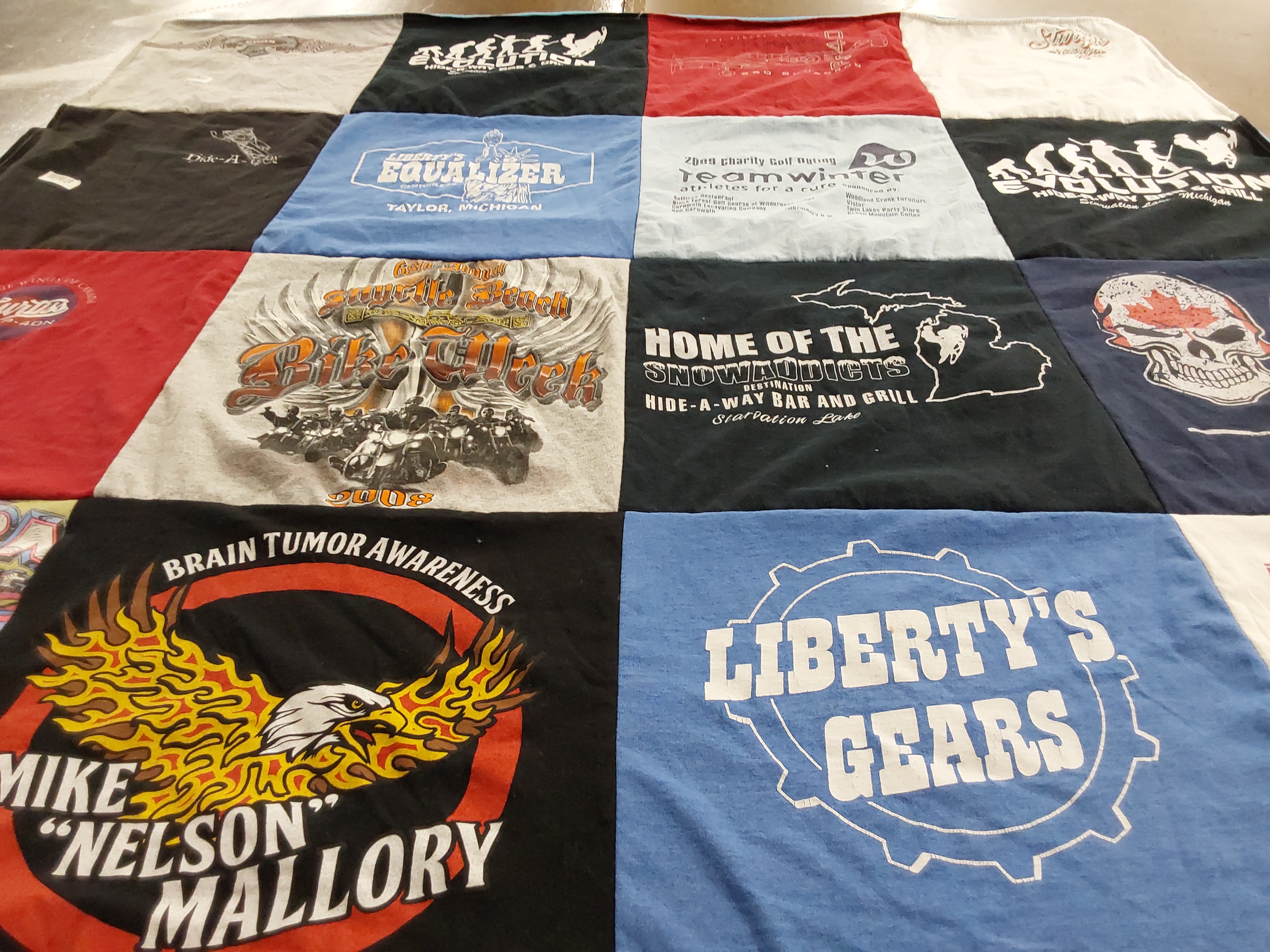 T-shirt quilt with motorcycles, community events themes by Leslie from MI