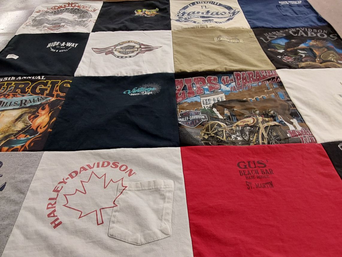 T-shirt quilt with motorcycles, travel themes by Leslie from MI