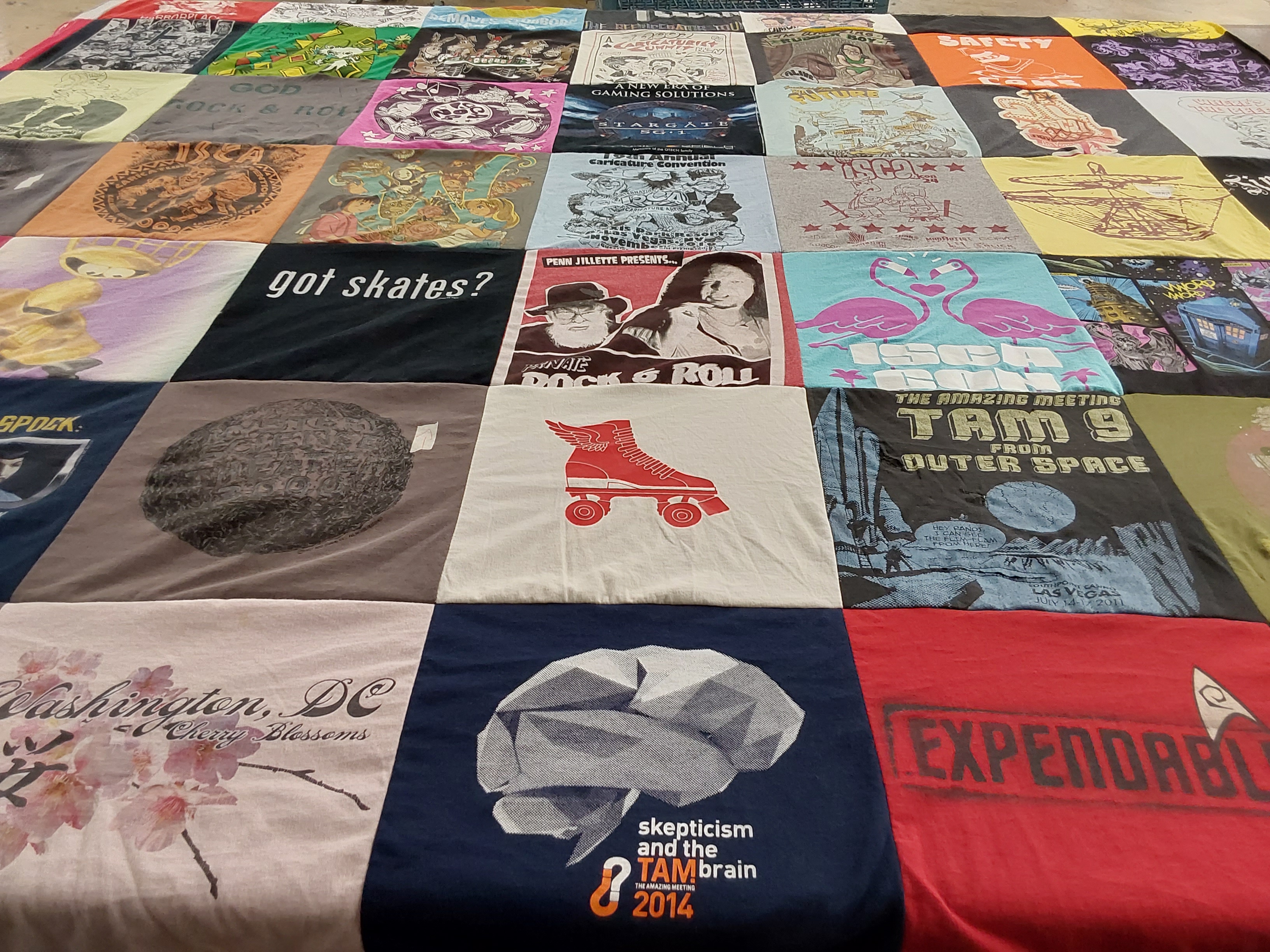 T-shirt quilt with skateboarding, science themes by Celestia from NV