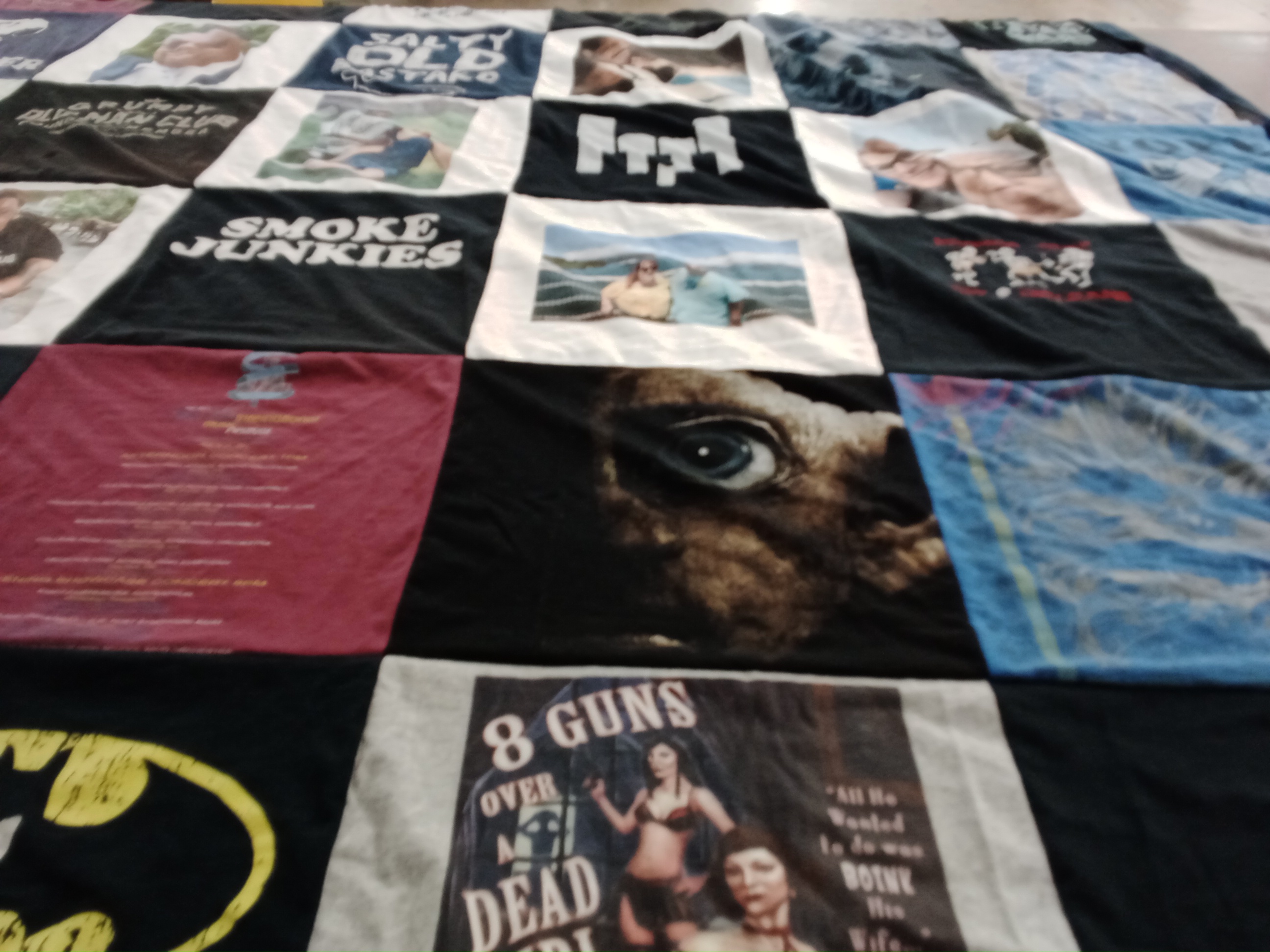 T-shirt quilt with smoking, junk food themes by Tracy from CA