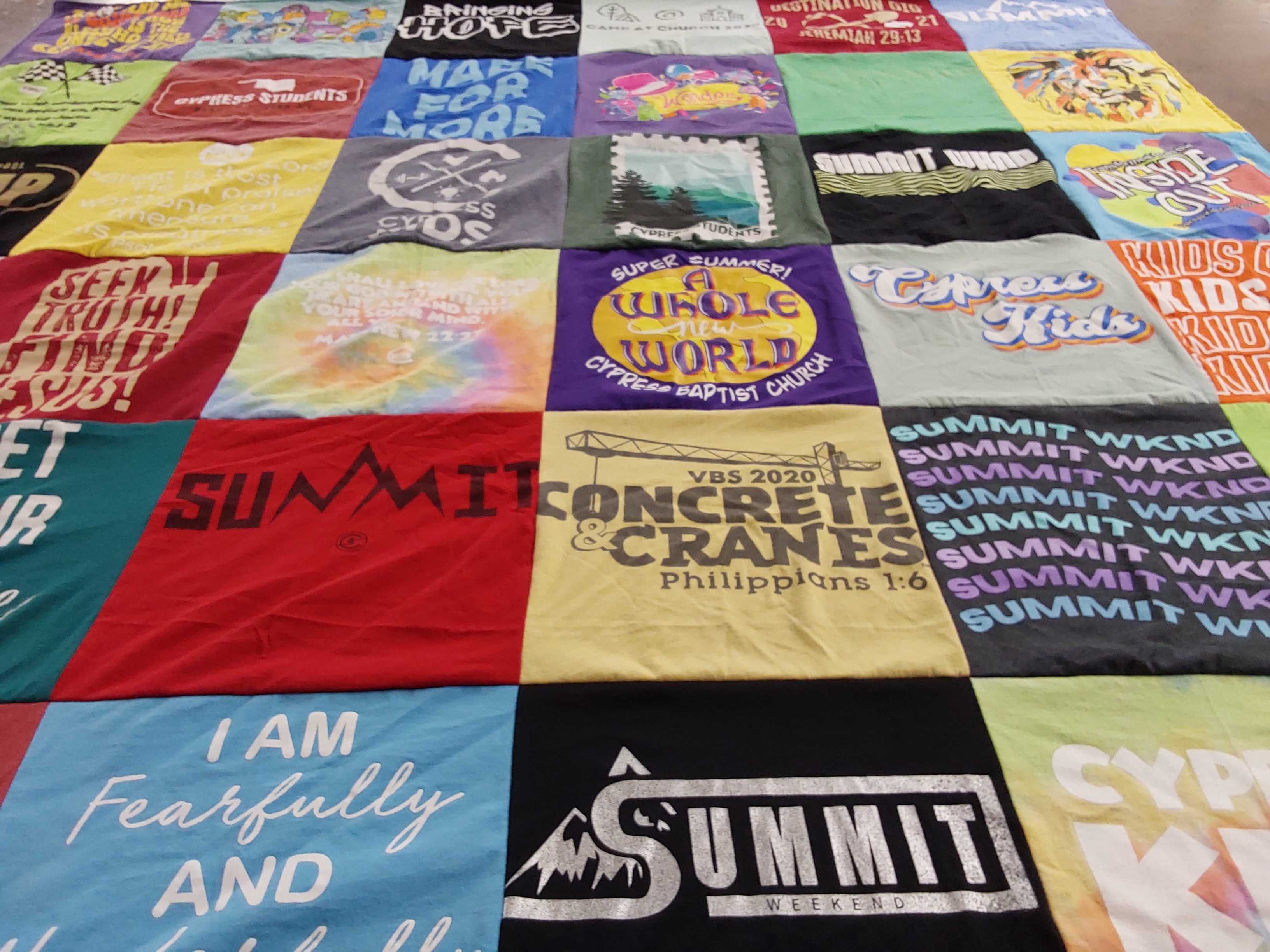 T-shirt quilt with religion, youth programs themes by Christina from MO