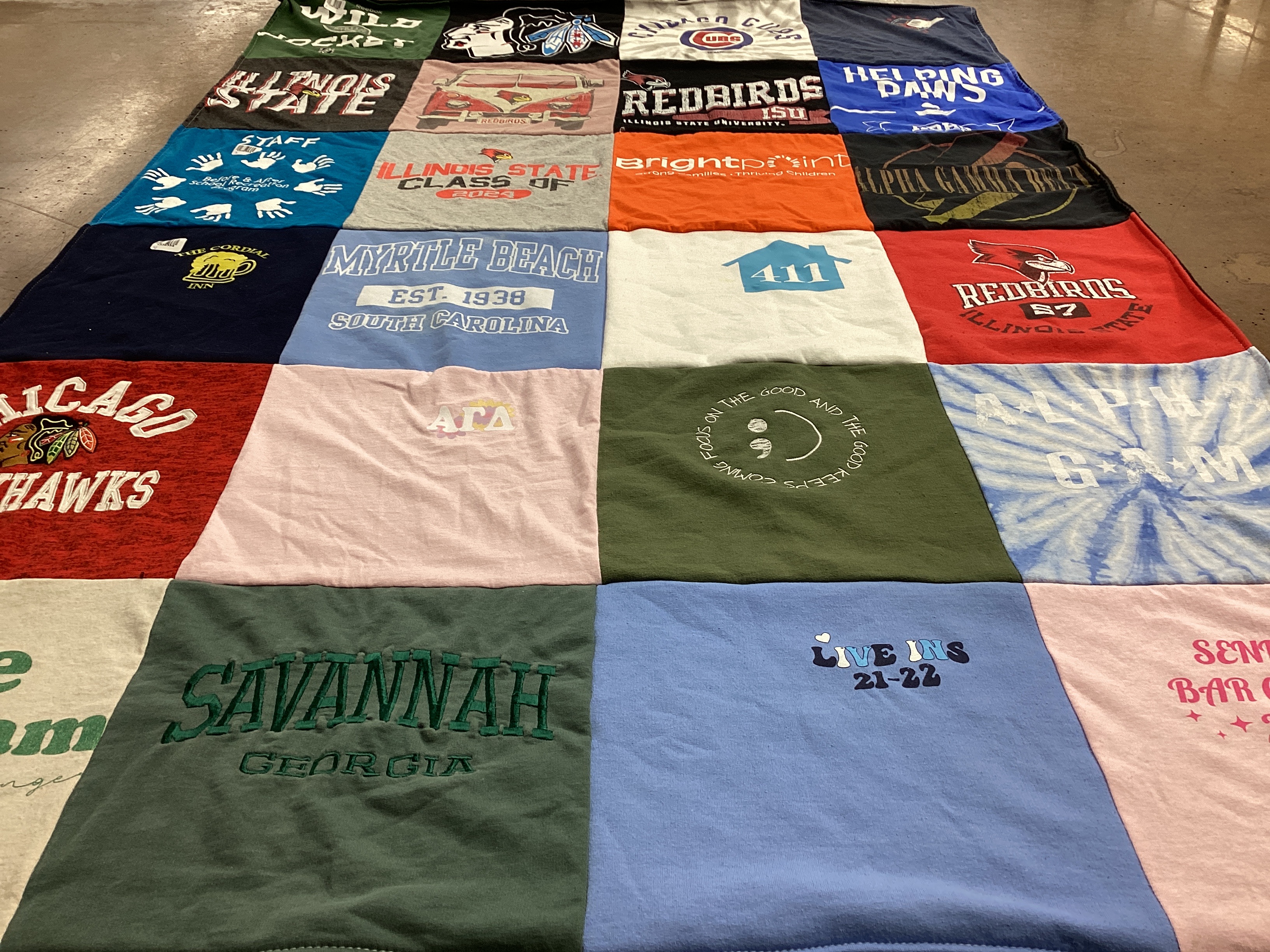 T-shirt quilt featuring chicago blackhawks, illinois state university redbirds by Hannah from IL