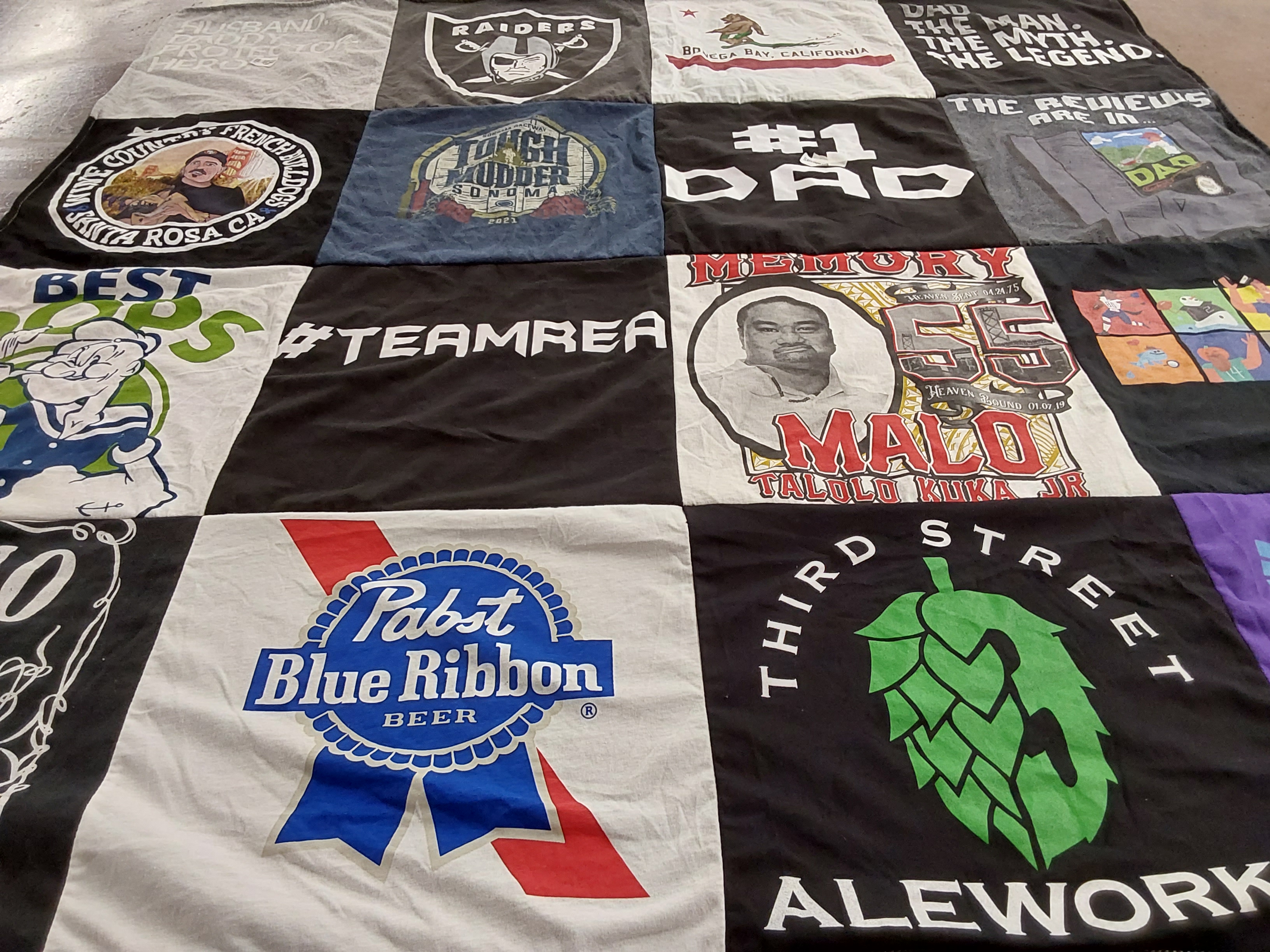 T-shirt quilt with beer, sports themes by Nichole from CA