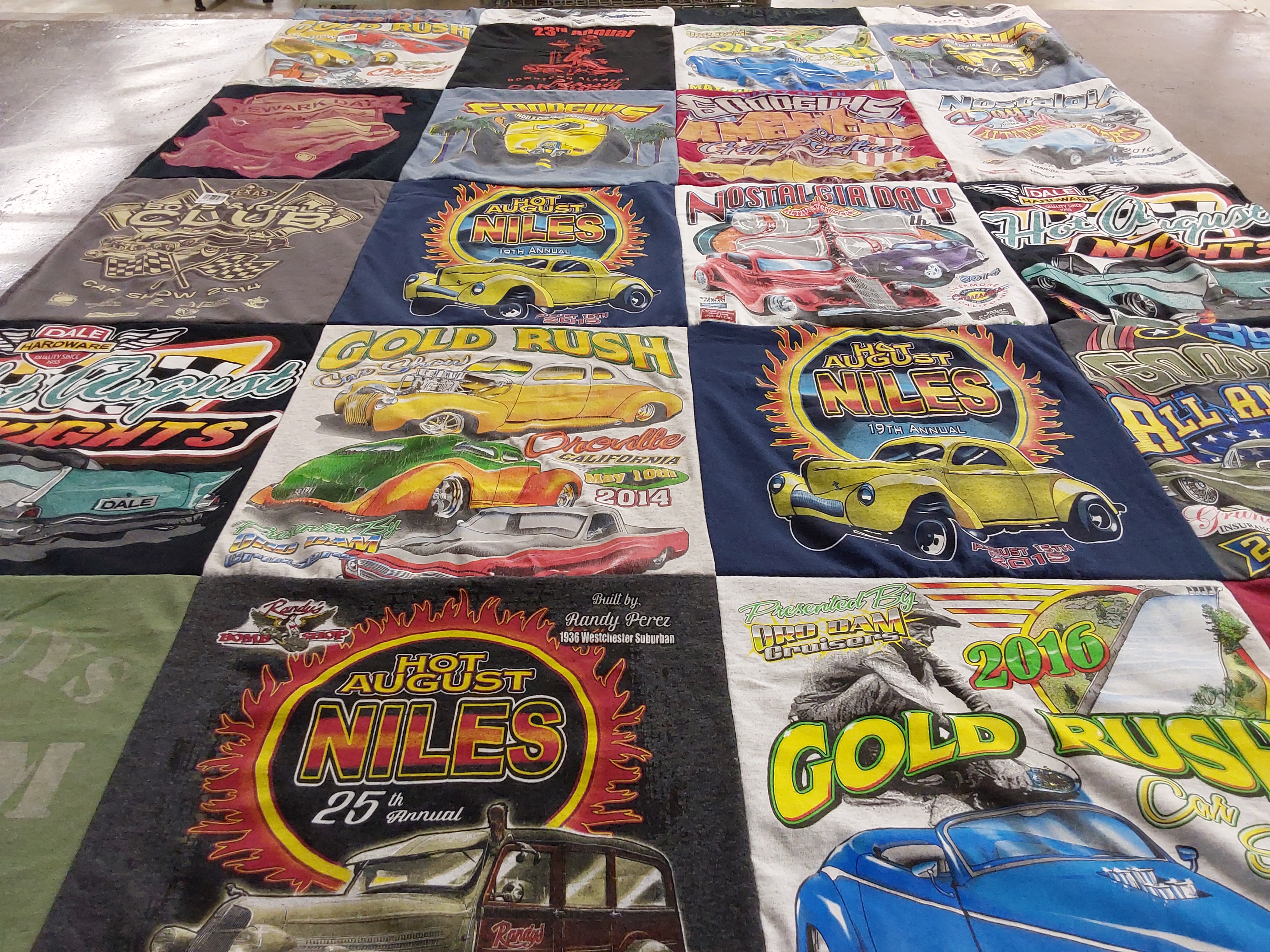 T-shirt quilt with car shows, hot rods themes by Elizabeth from CA
