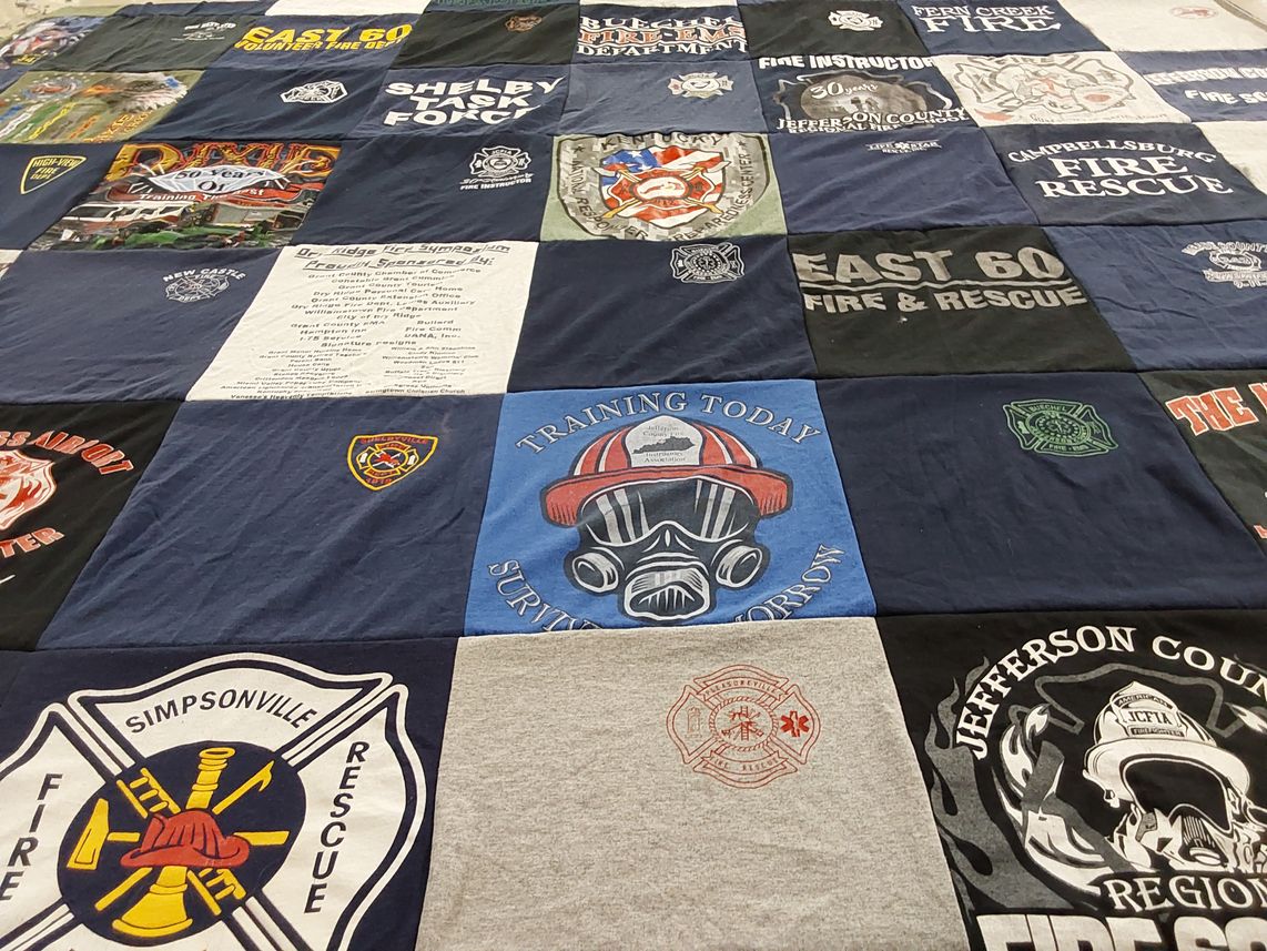 T-shirt quilt with firefighting, rescue operations themes by Corey from KY