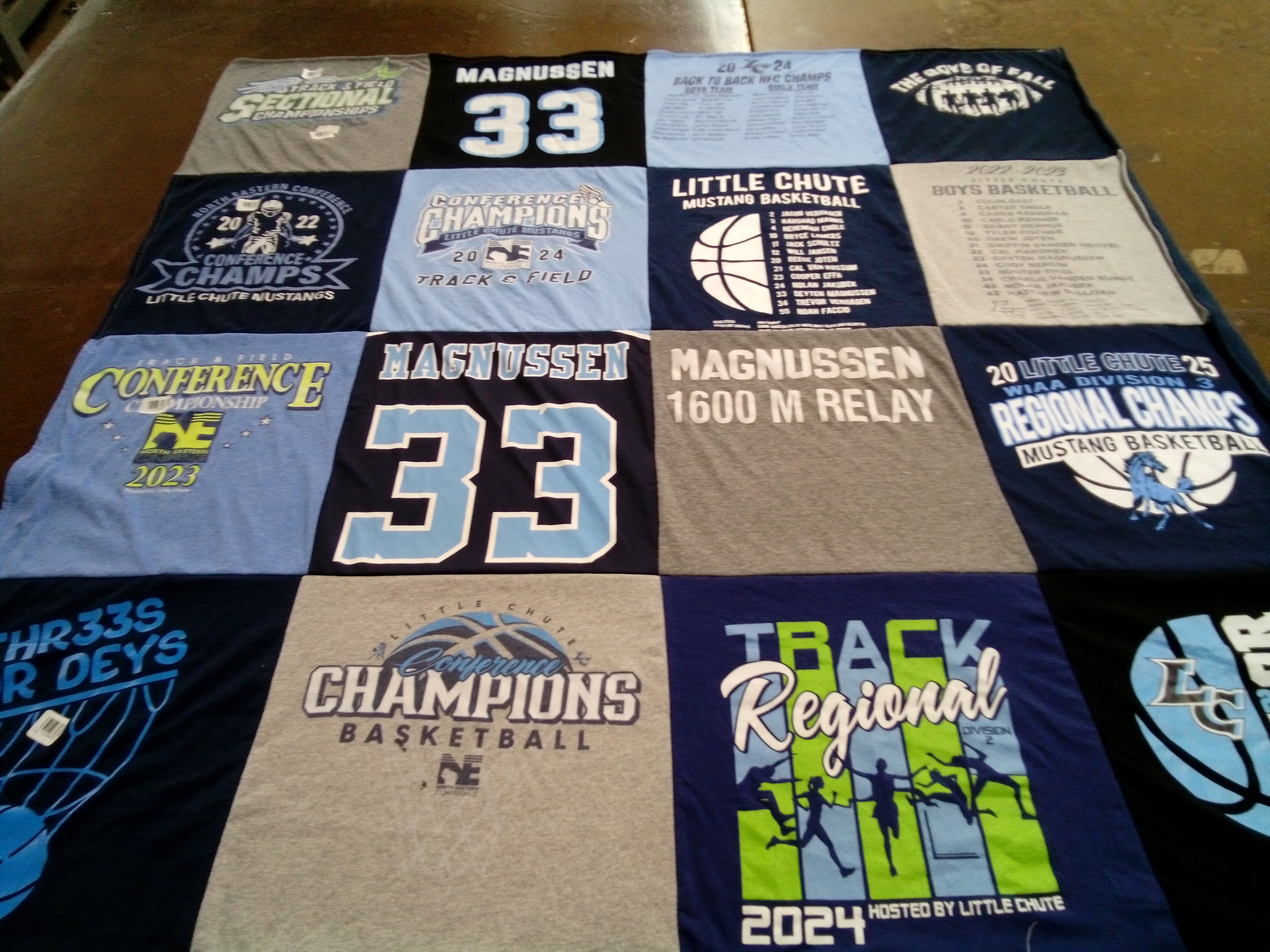 T-shirt quilt featuring little chute mustangs basketball, little chute mustangs track and field by Erica from WI