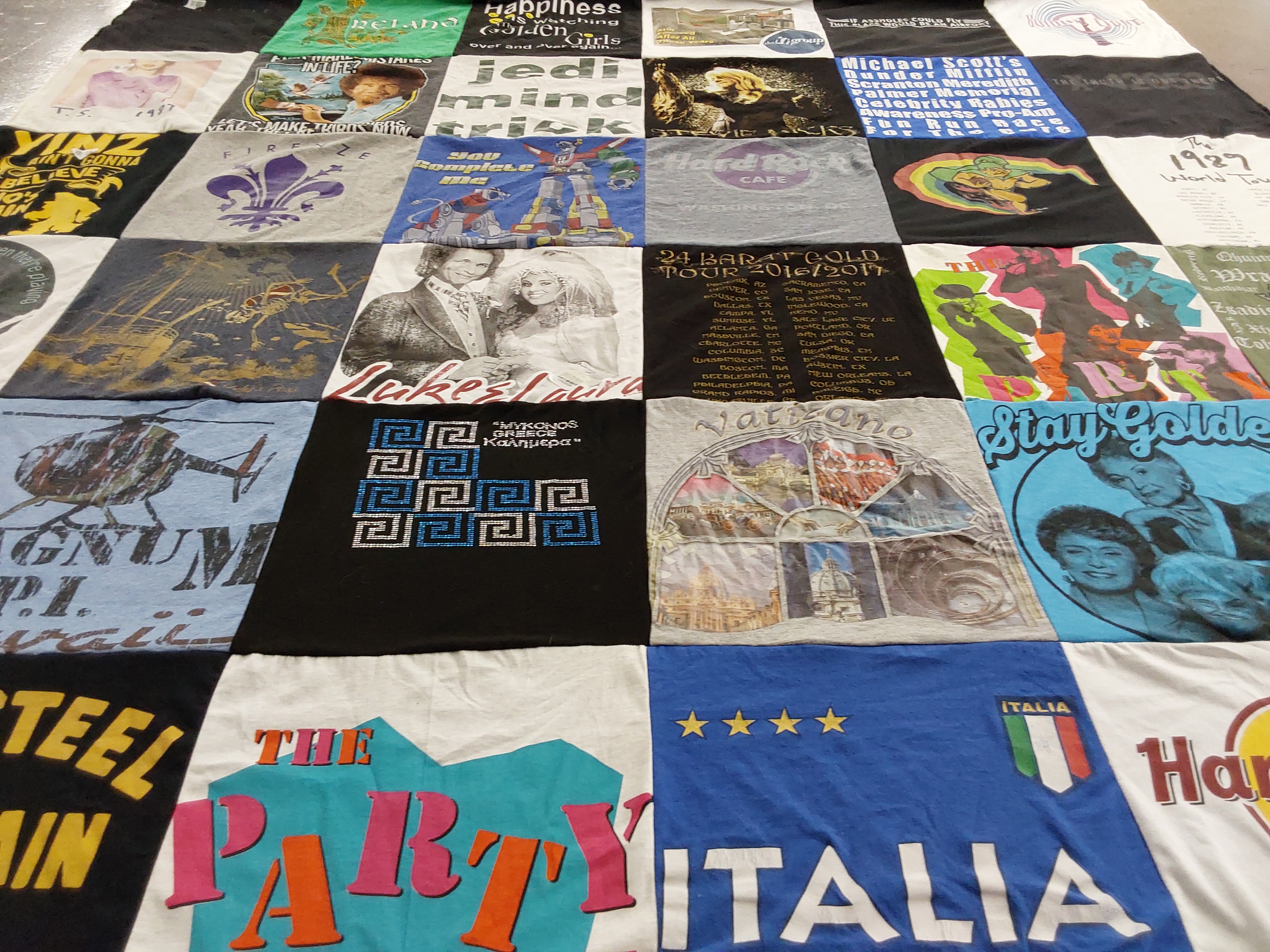 T-shirt quilt with television, music themes by Kristen from PA