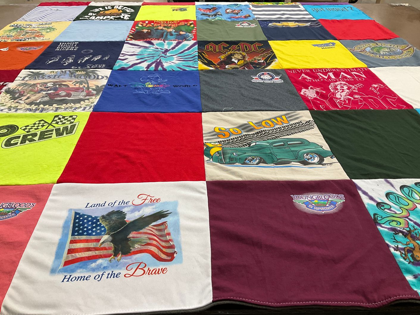 T-shirt quilt with cars, motorcycles themes by Kristin from IN