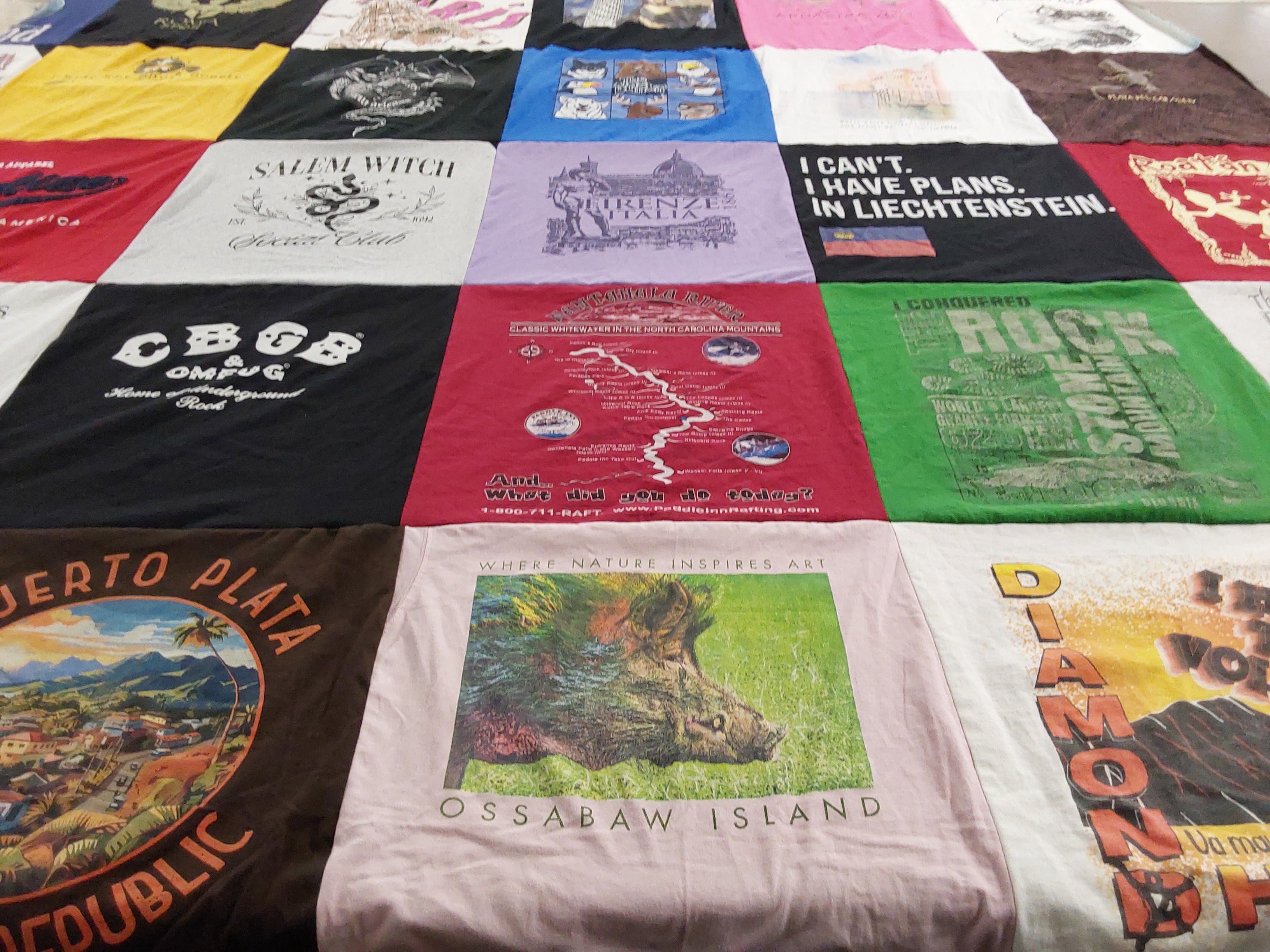 T-shirt quilt with music, art themes by Lauri from FL