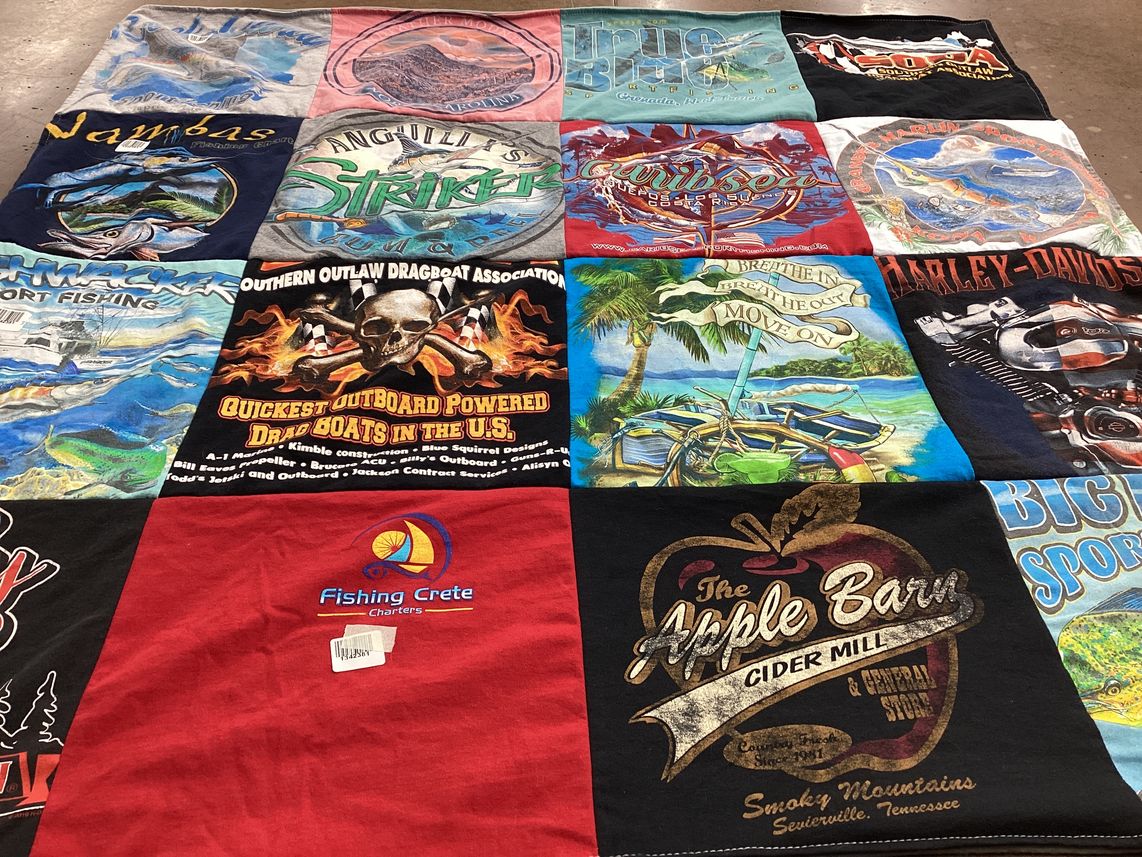 T-shirt quilt with fishing, drag racing themes by Michelle from SC