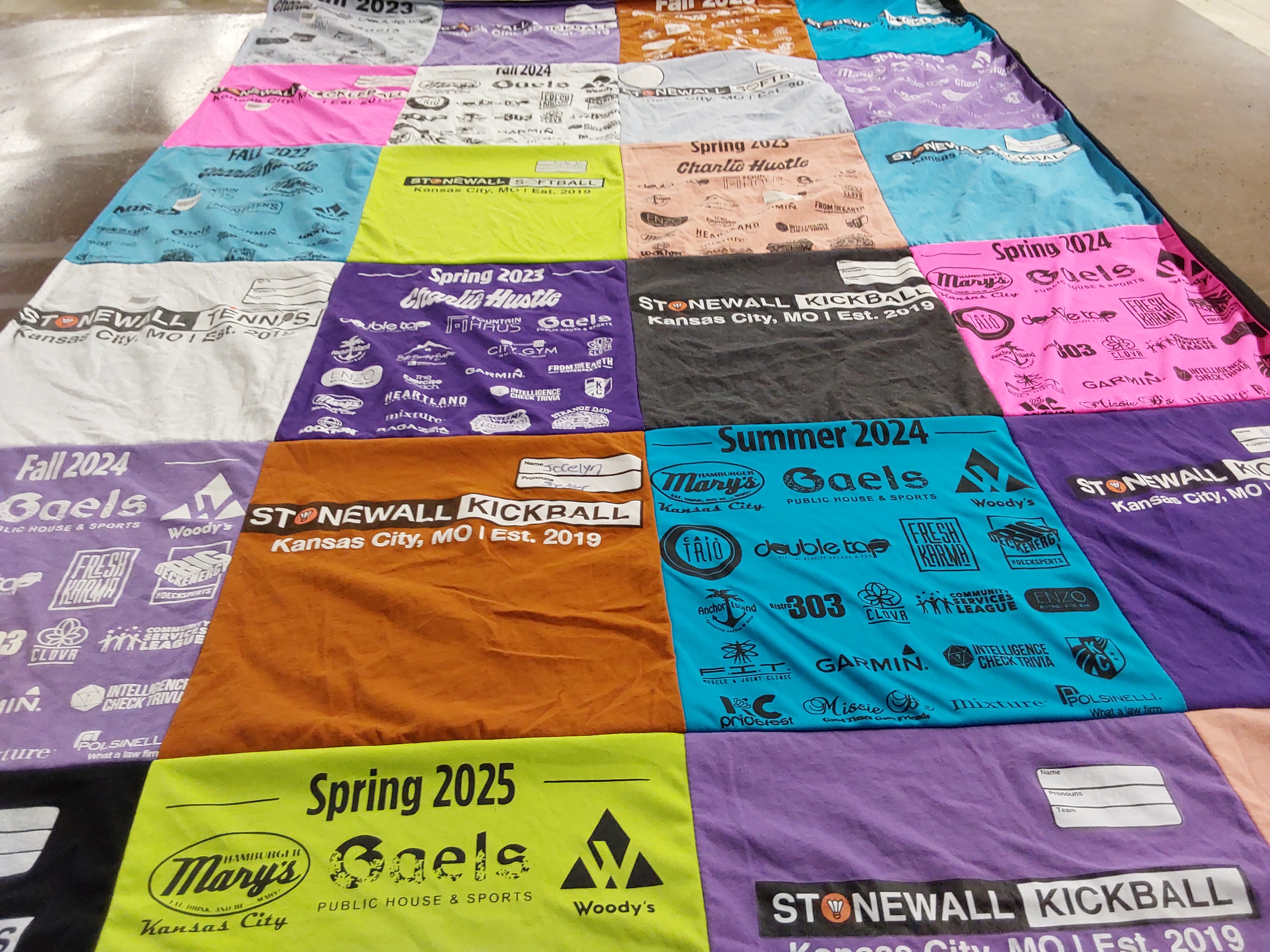 T-shirt quilt with kickball, sports themes by Anh from MO