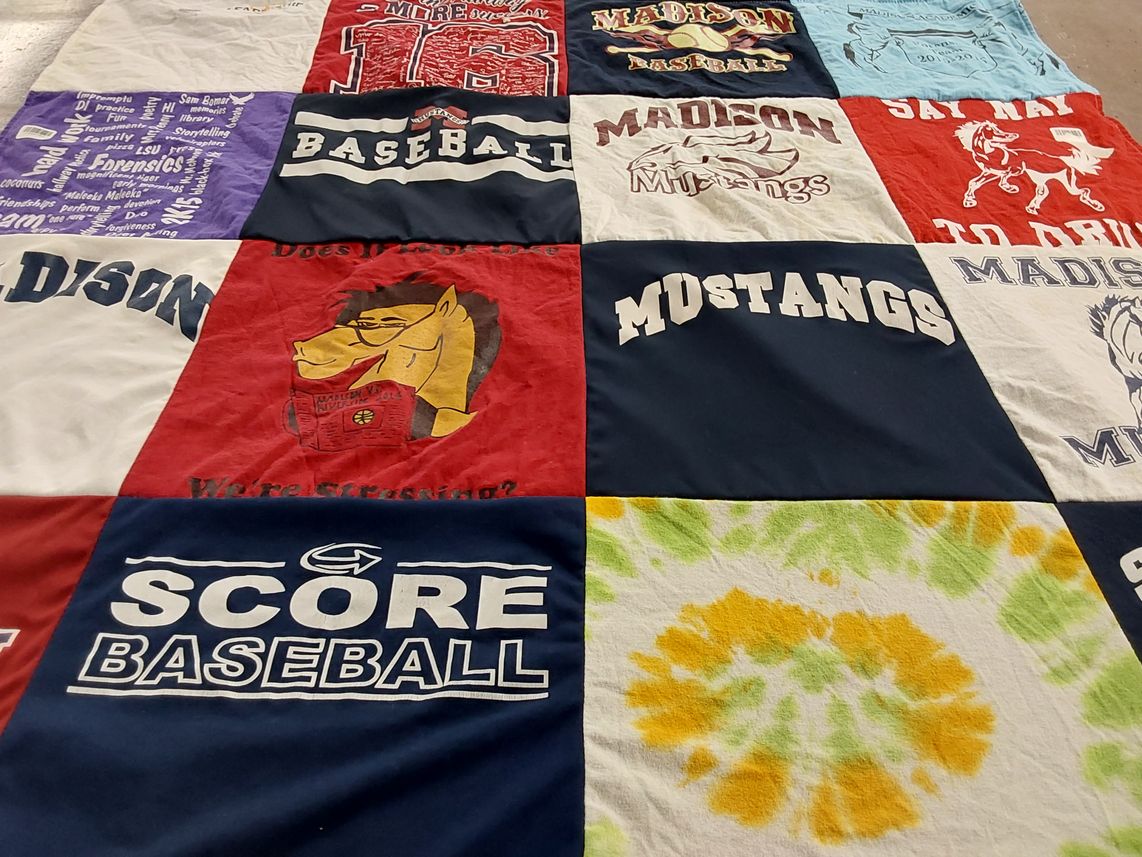 T-shirt quilt featuring madison mustangs by Gabby from OH