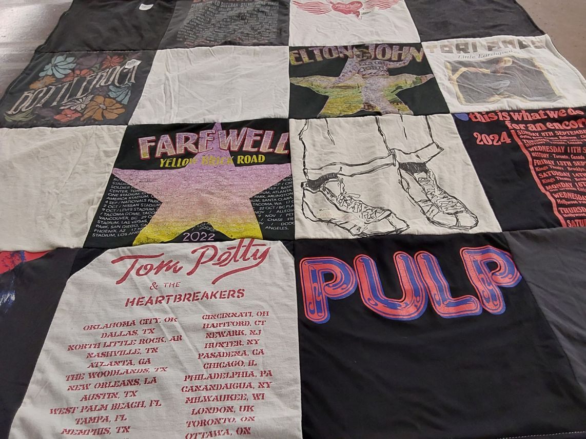 T-shirt quilt with music, concerts themes by Marcela from CA