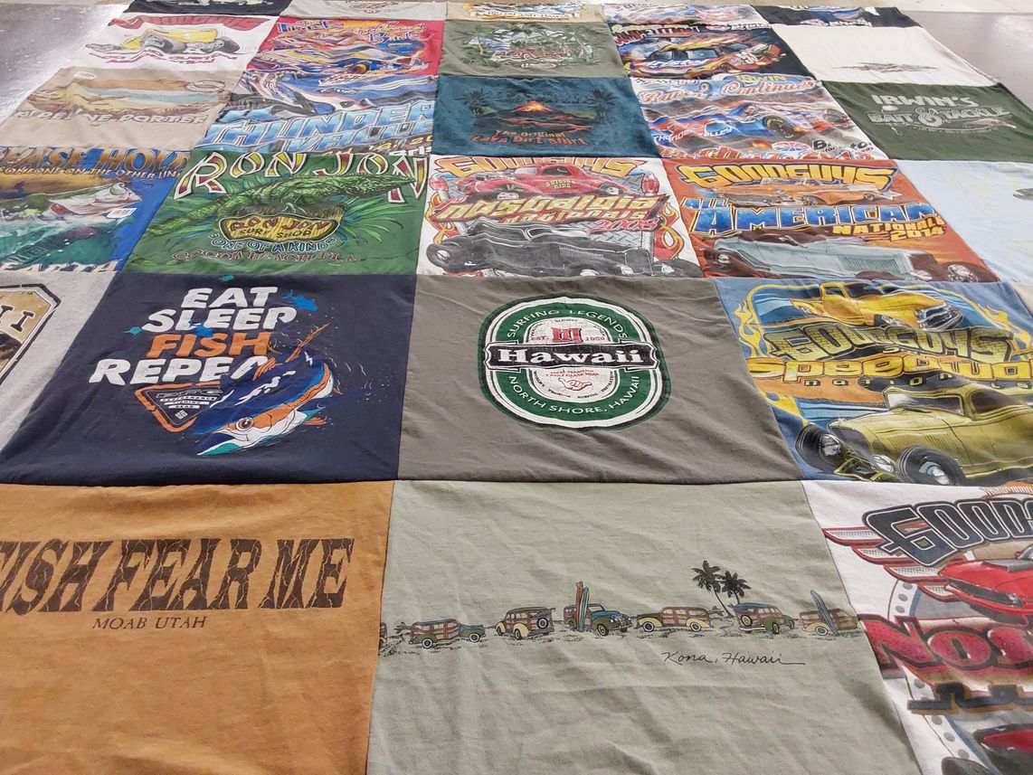 T-shirt quilt with fishing, cars themes by Lesley from TN