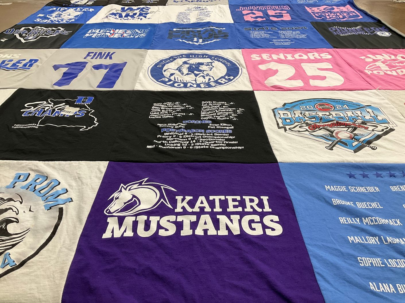 T-shirt quilt featuring kateri mustangs, duquesne pioneers by Patricia from MO