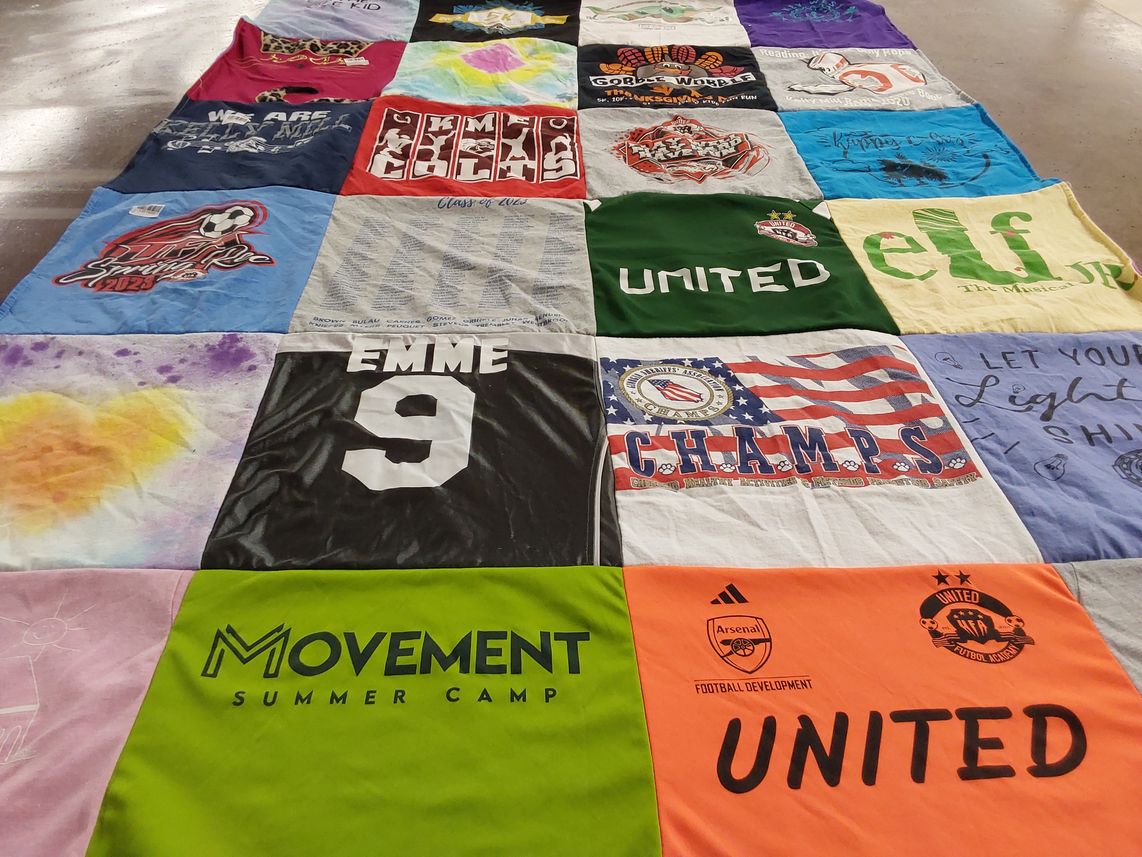 T-shirt quilt with soccer, theater themes by Danielle from GA