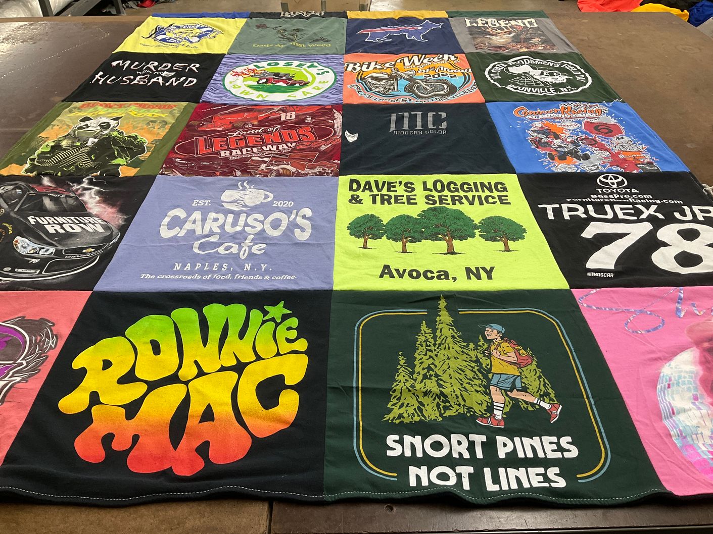 T-shirt quilt with nascar, food themes by Alexandria from NY