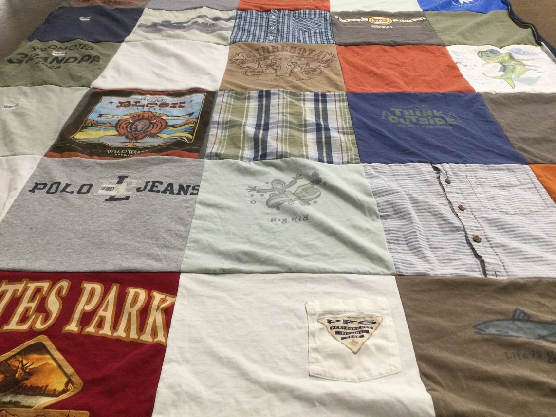T-shirt quilt with outdoors, fishing themes by Melanie from IL