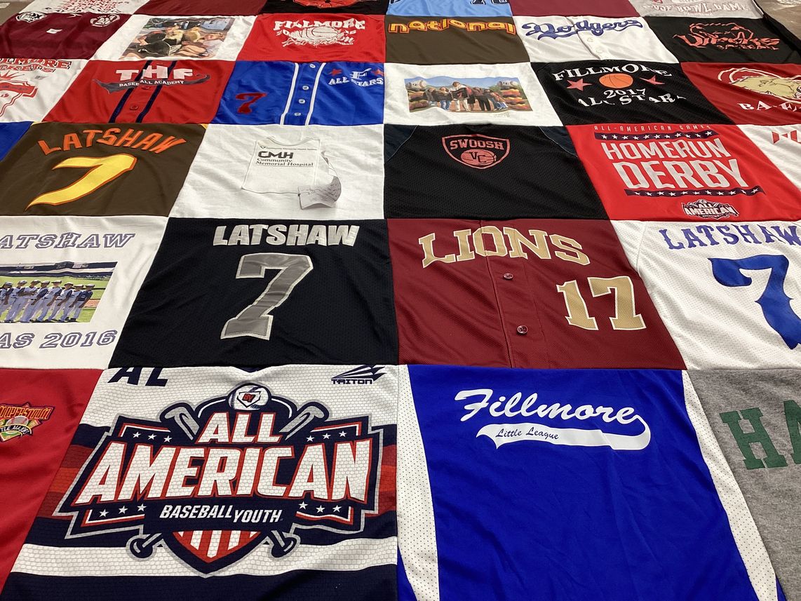 T-shirt quilt with baseball, youth sports themes by Jamie from CA