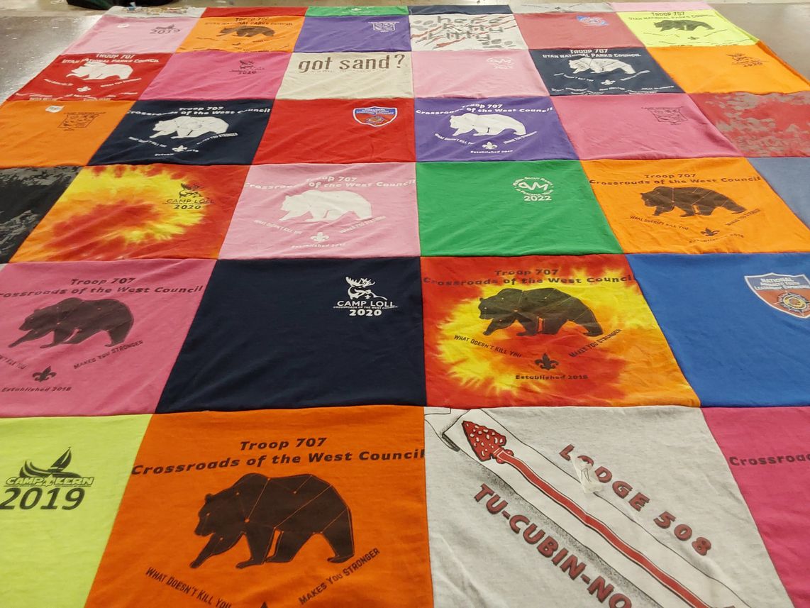 T-shirt quilt with scouting, camping themes by Catherine from UT