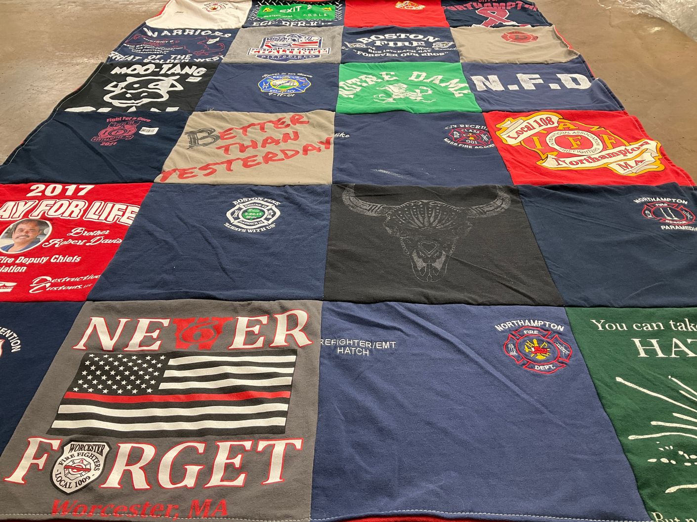 T-shirt quilt with firefighting, first responders themes by Michael from MA