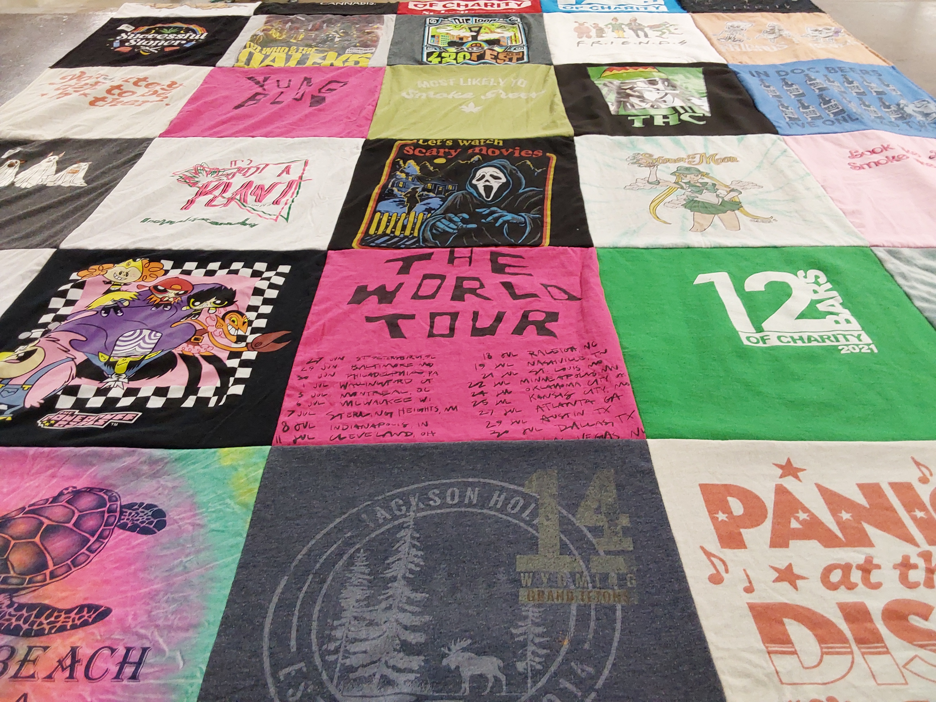 T-shirt quilt with charity events, music themes by Hannah from MO