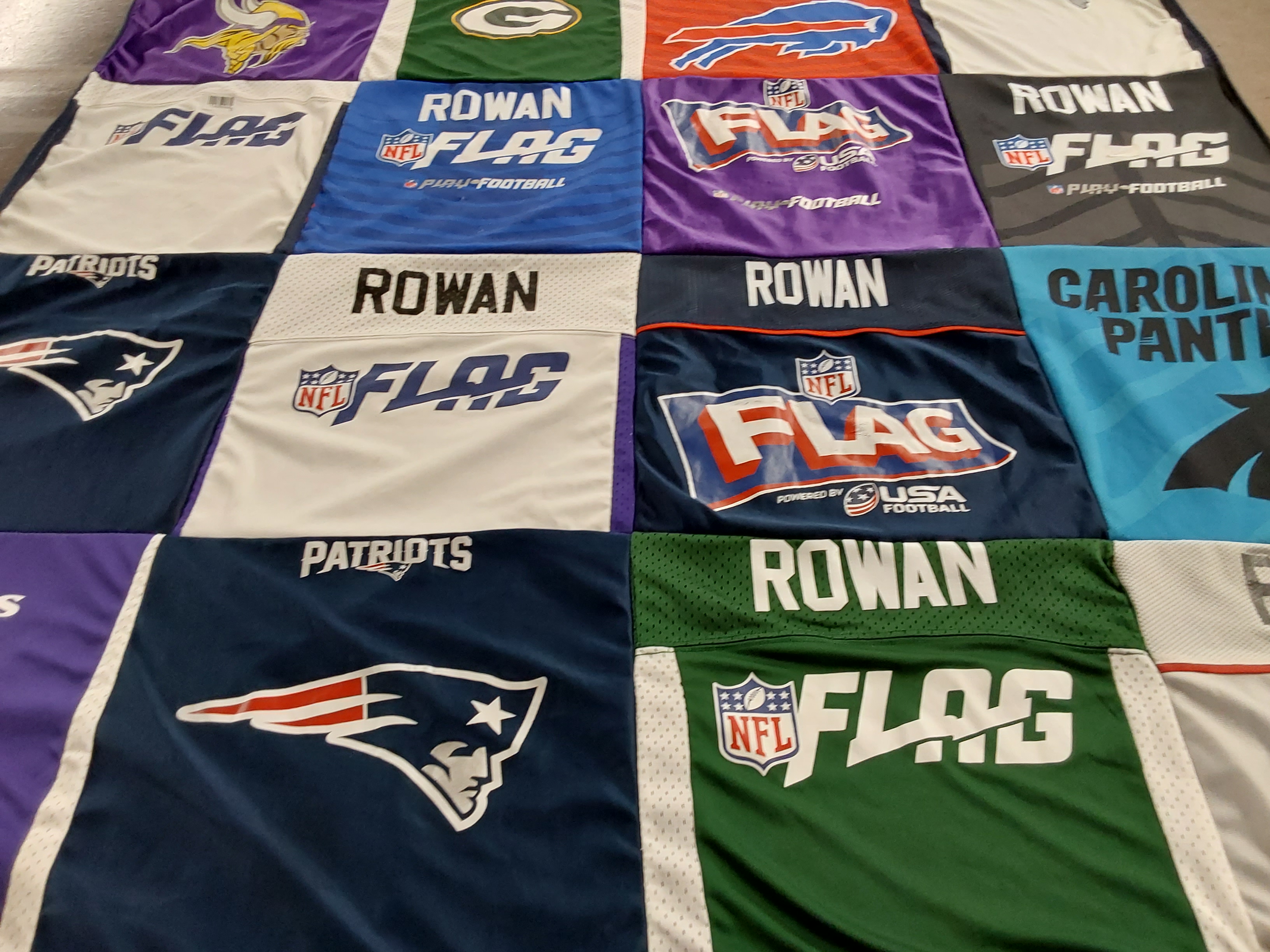 T-shirt quilt featuring new england patriots, carolina panthers by Elizabeth from CO