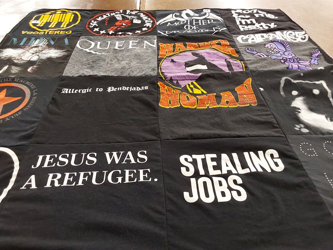 T-shirt quilt with music, activism themes by Amalia from CA