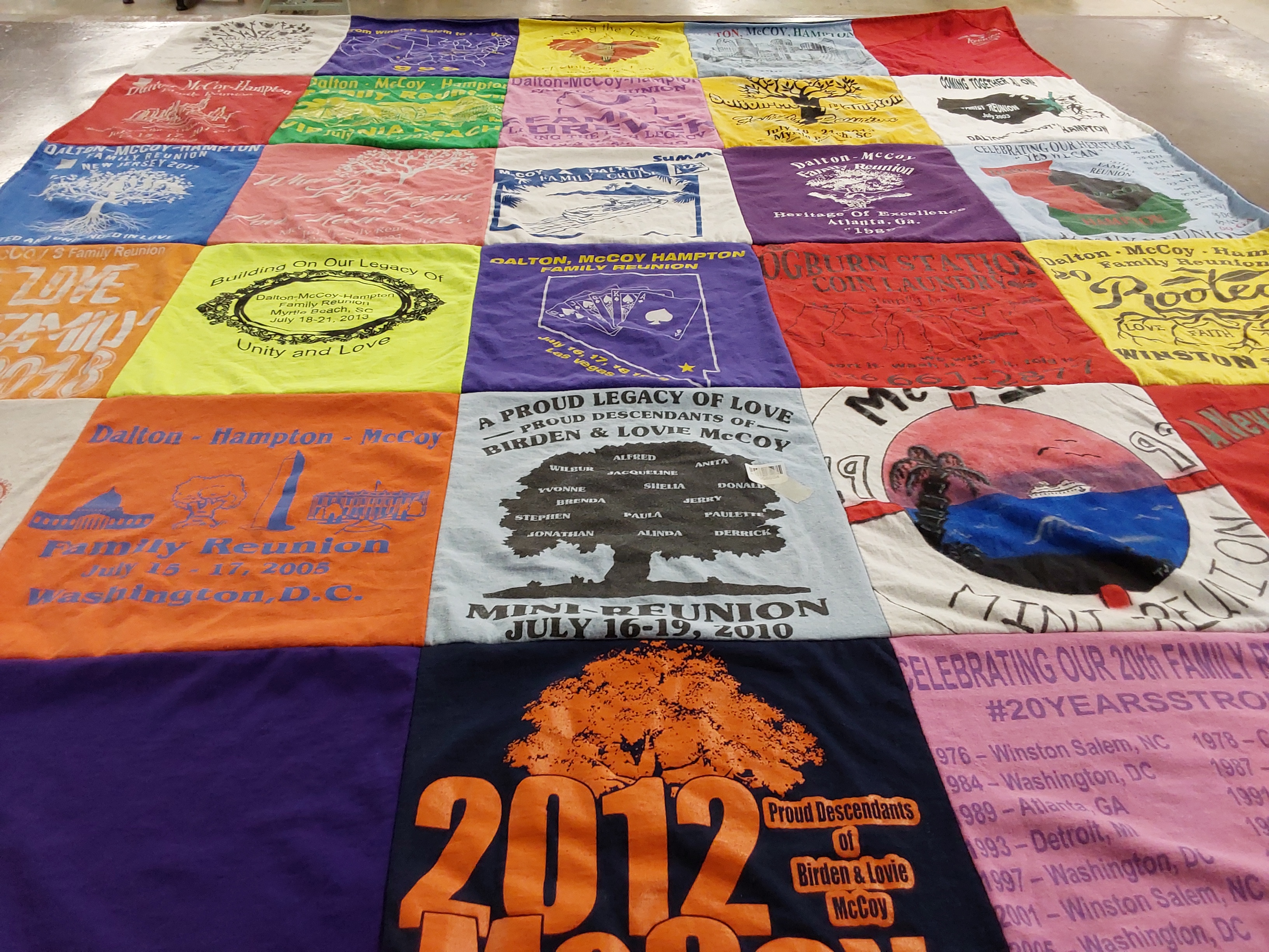 T-shirt quilt with family history, family gatherings themes by Tangela from MD