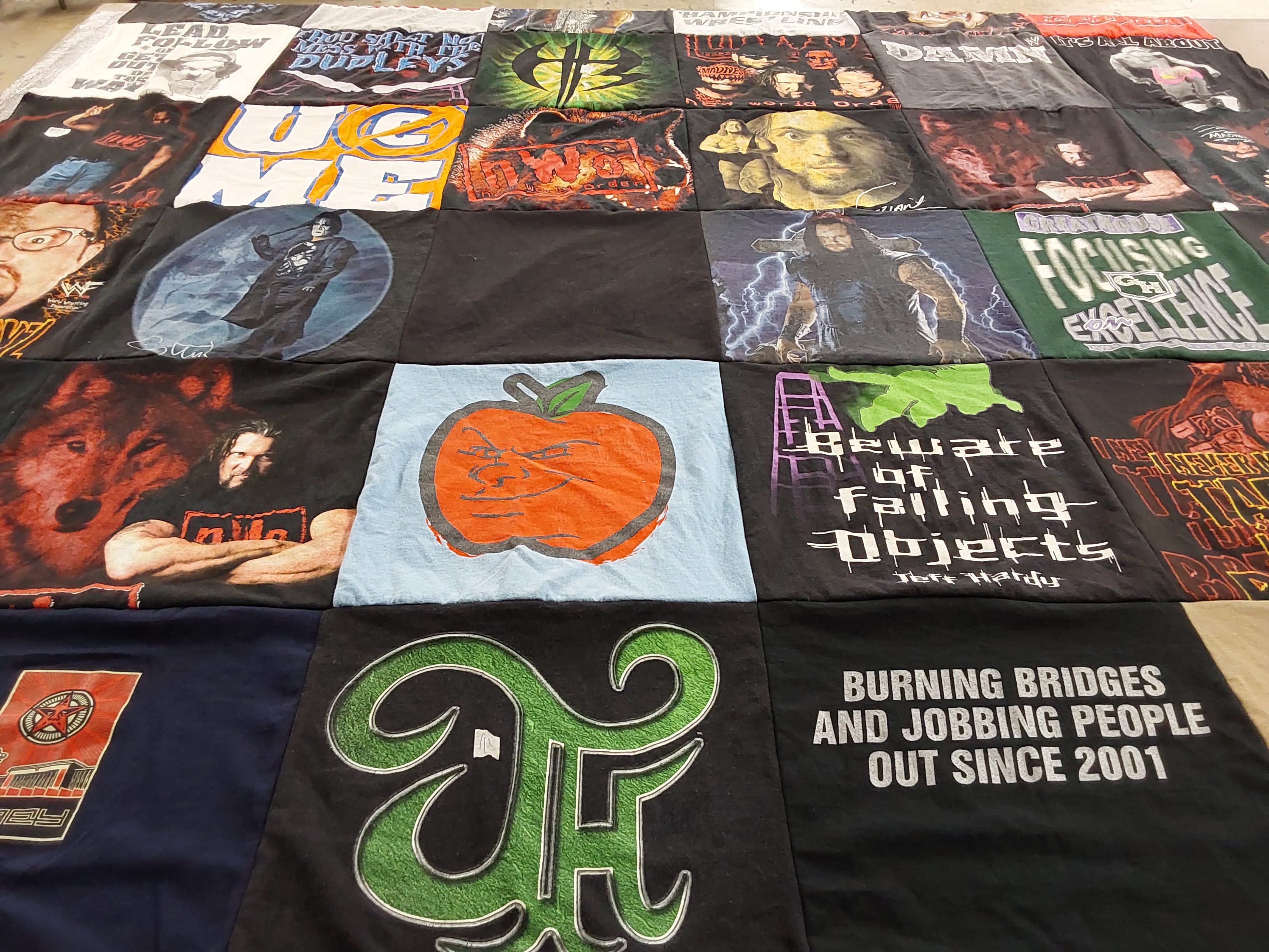 T-shirt quilt with wrestling, graphics themes by Paula from TX