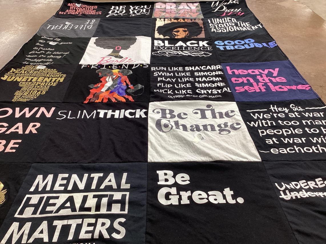 T-shirt quilt with self love, mental health themes by Stephanie from NM