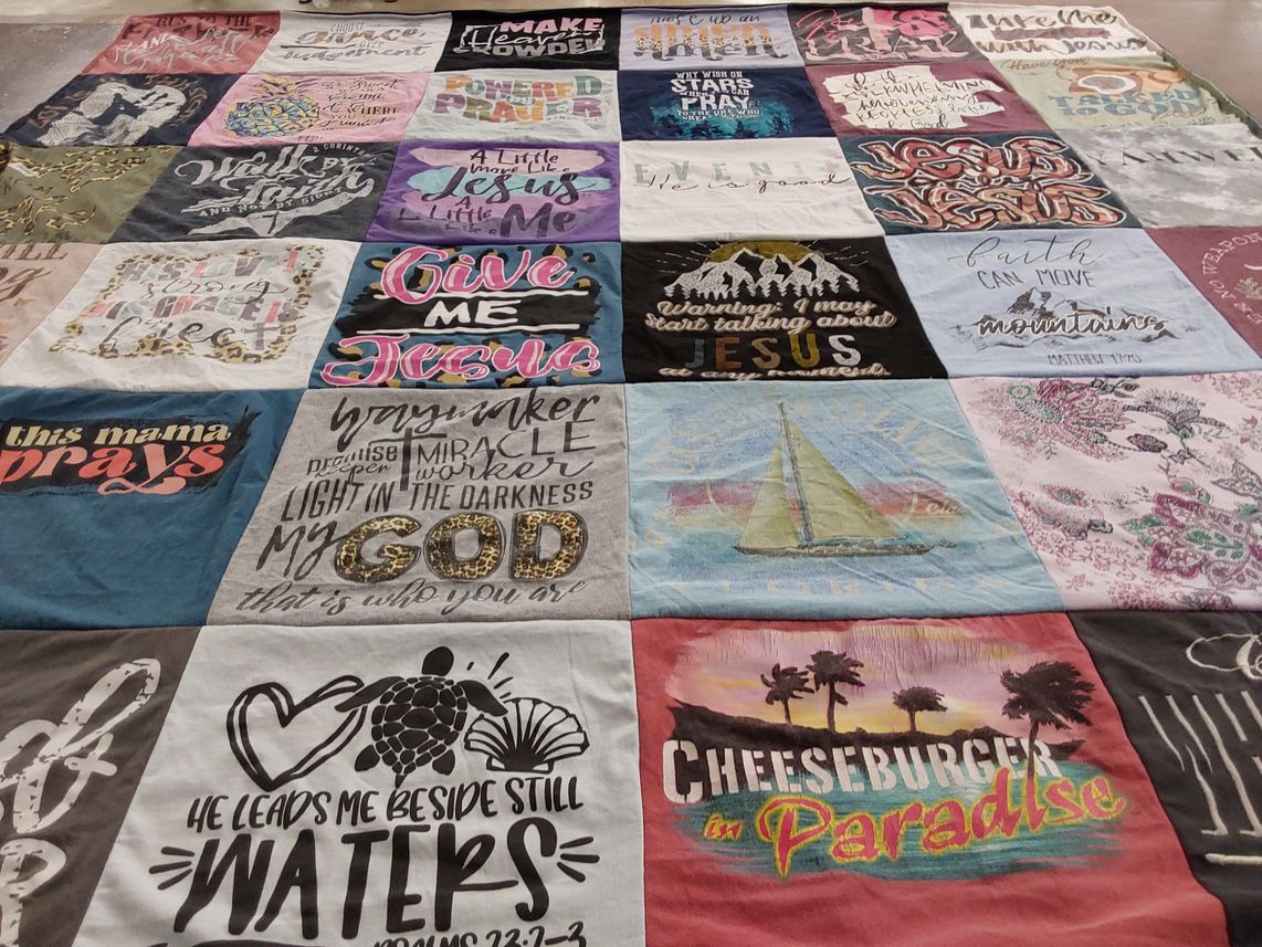 T-shirt quilt with faith, prayer themes by Melissa from IL