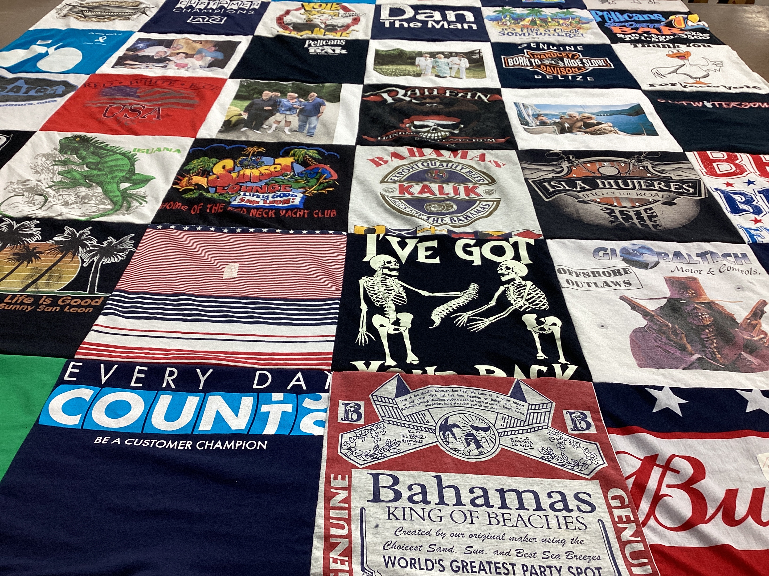 T-shirt quilt with boating, beach life themes by Rose from WA