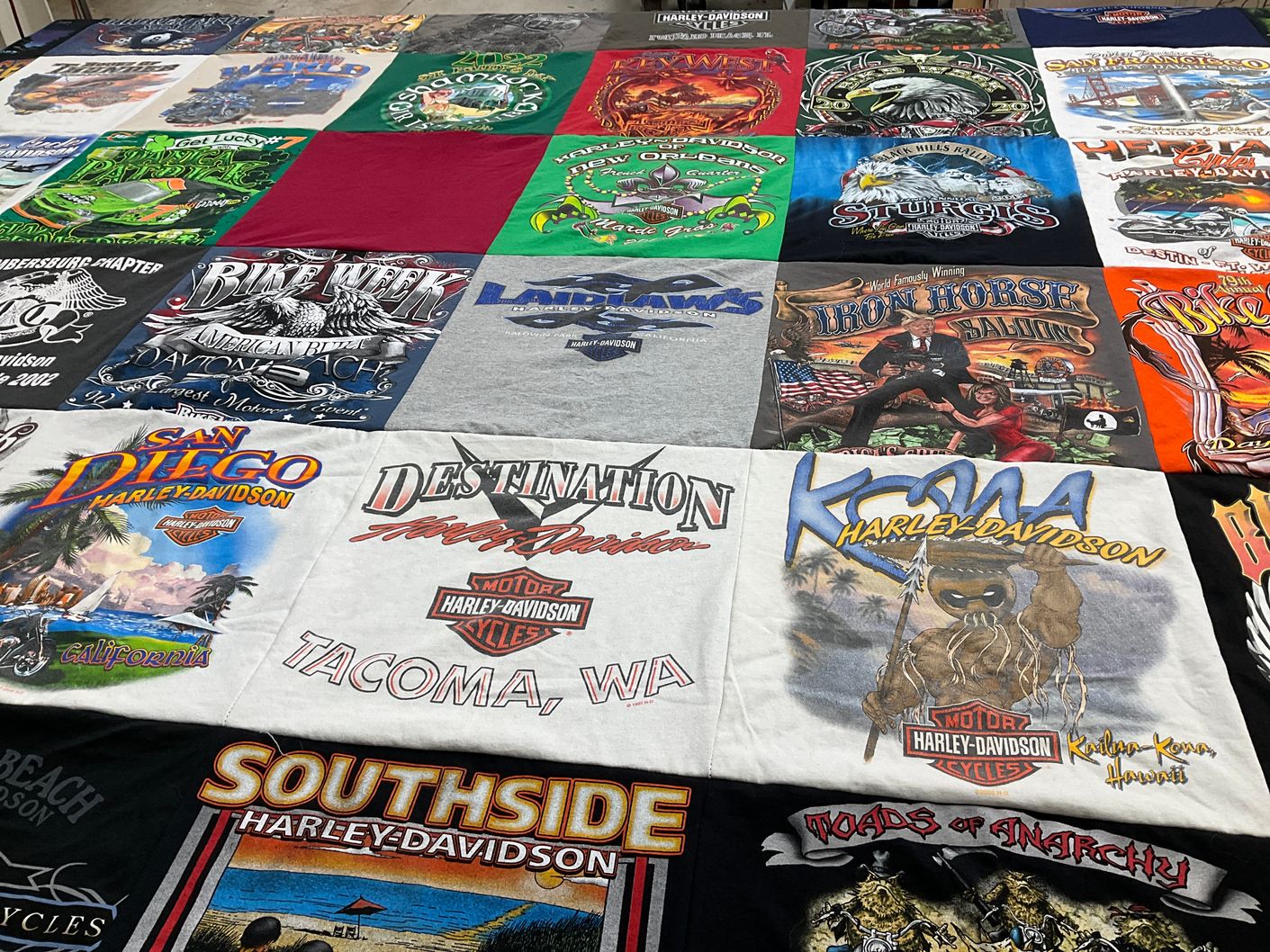 T-shirt quilt with motorcycles, biking themes by Stacey from WI