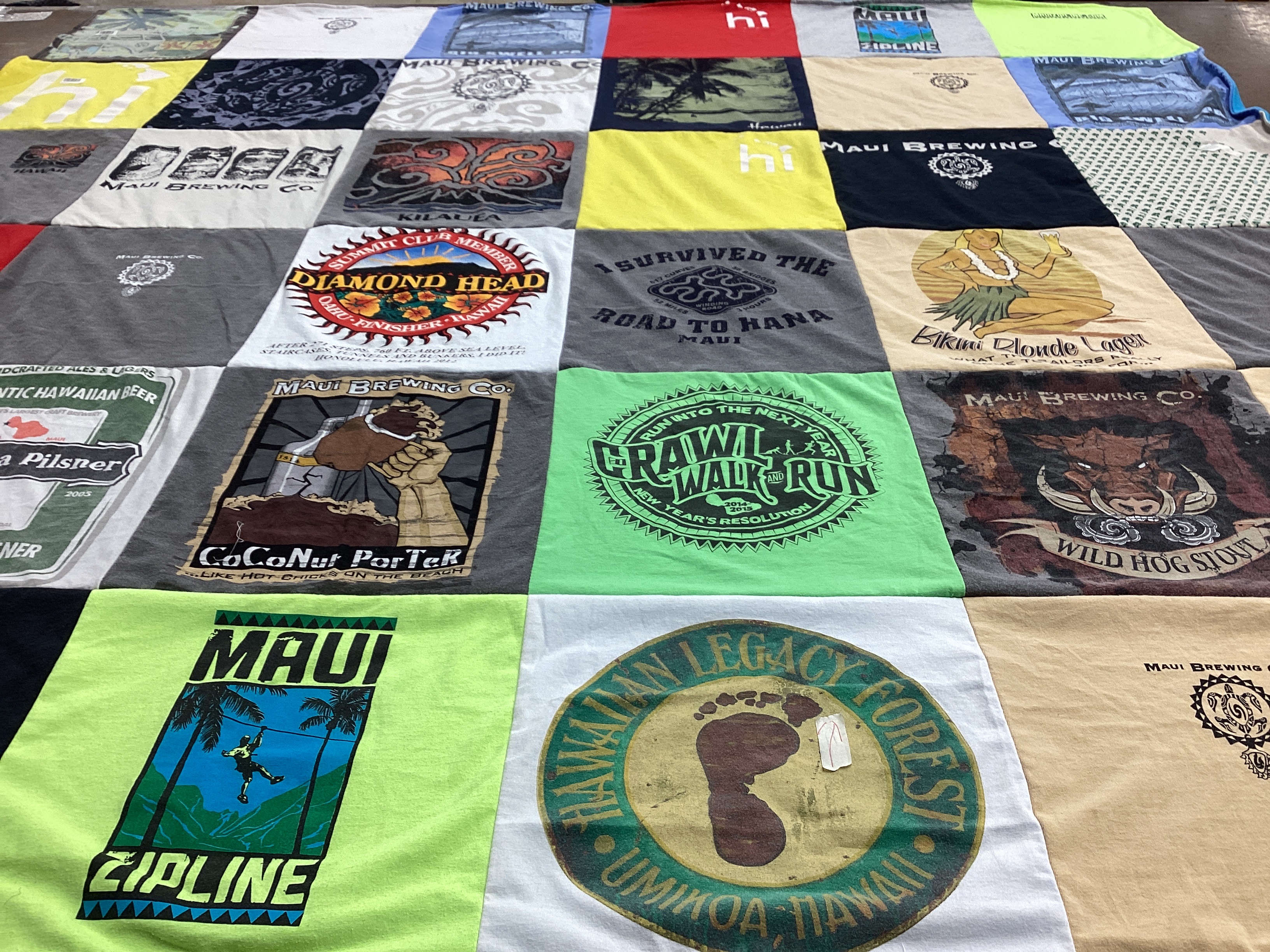 T-shirt quilt with craft beer, hiking themes by Rebecca from IL