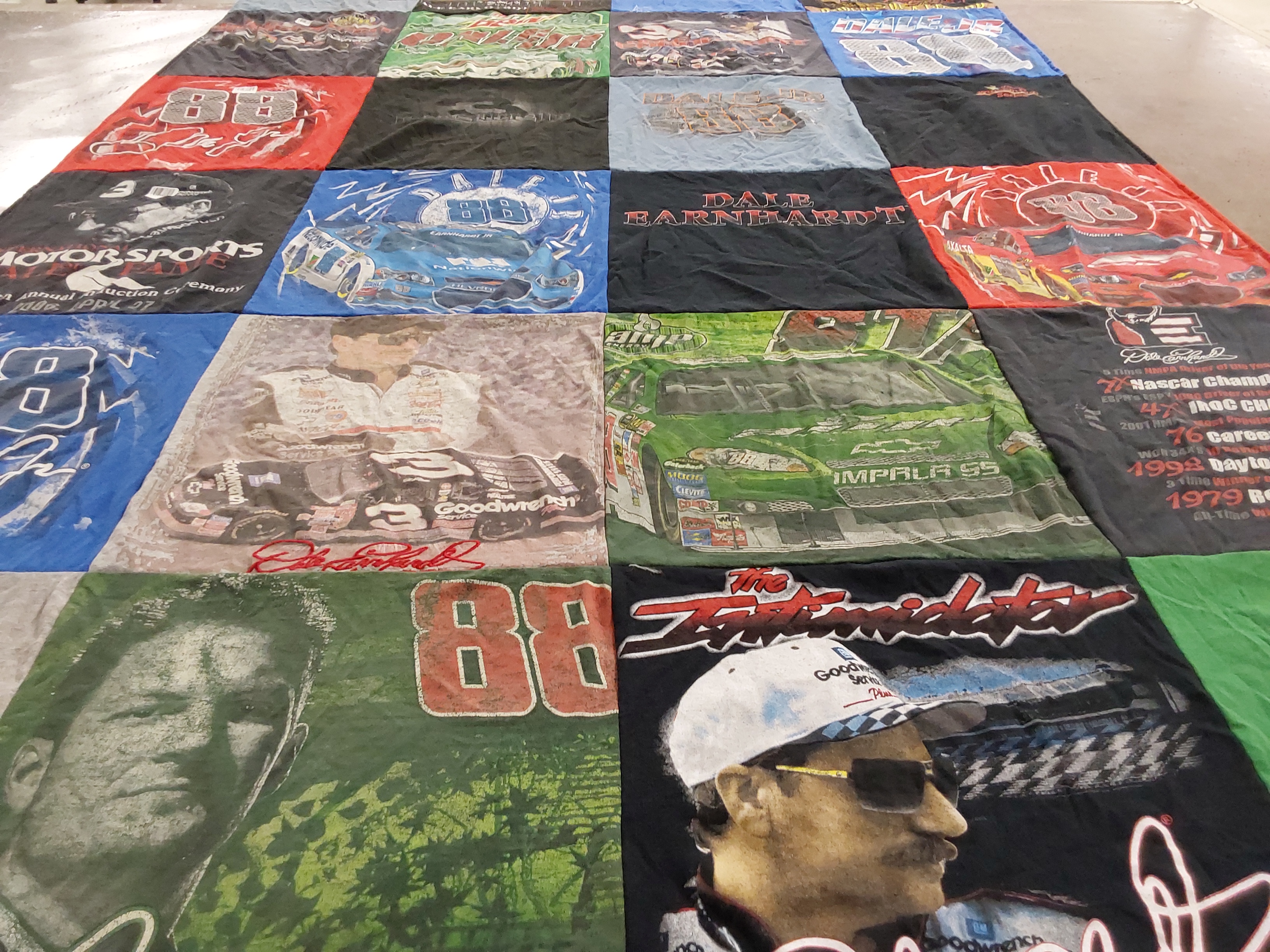 T-shirt quilt with nascar, car racing themes by Lora from IL