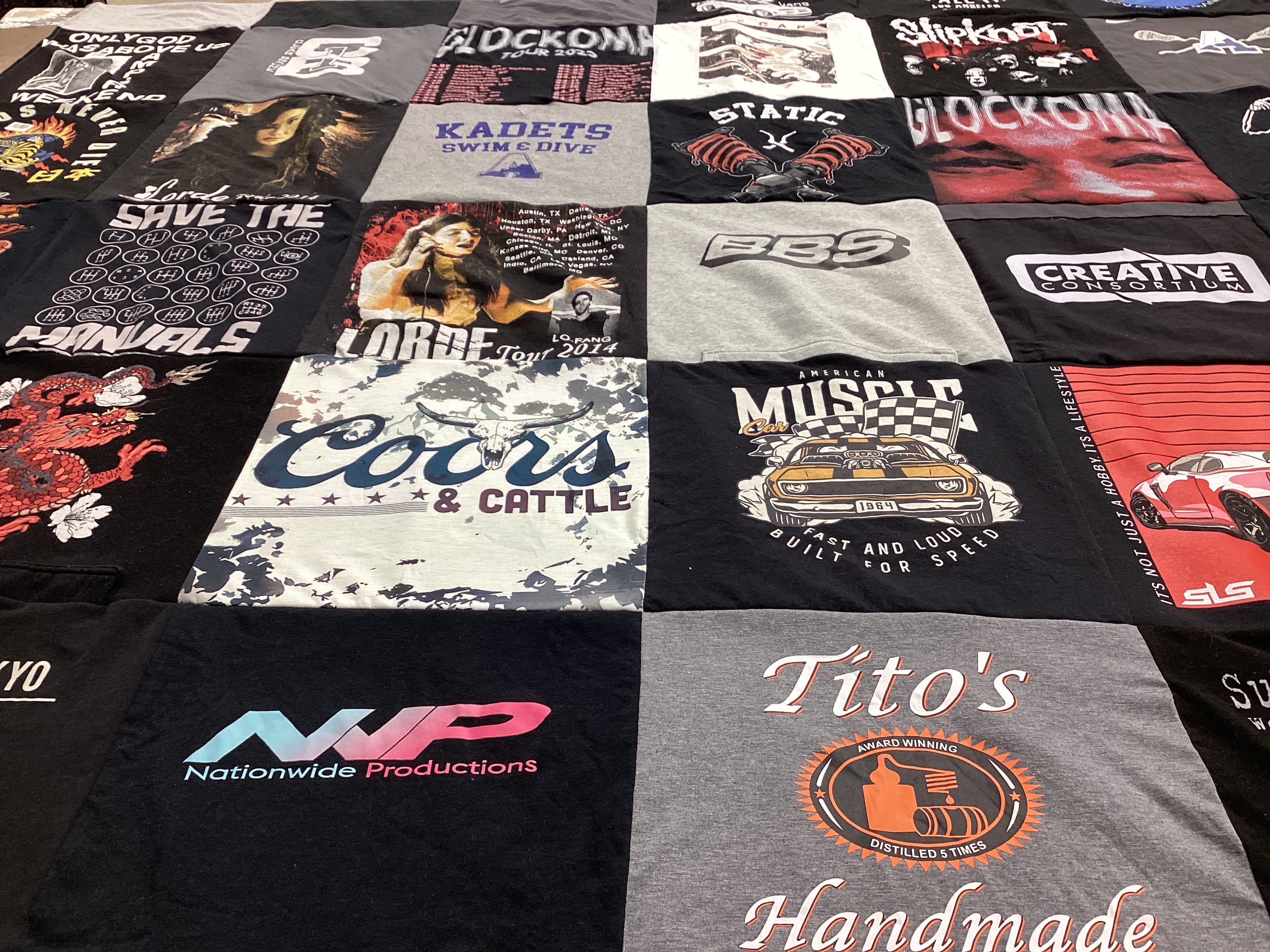 T-shirt quilt with music, swimming themes by Dawn from CO