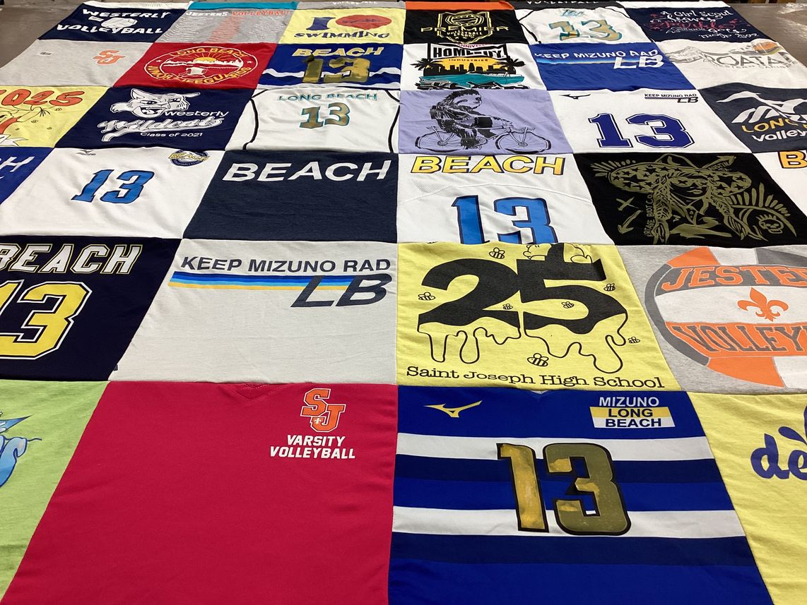 T-shirt quilt featuring long beach, varsity volleyball by Jacquie from CA