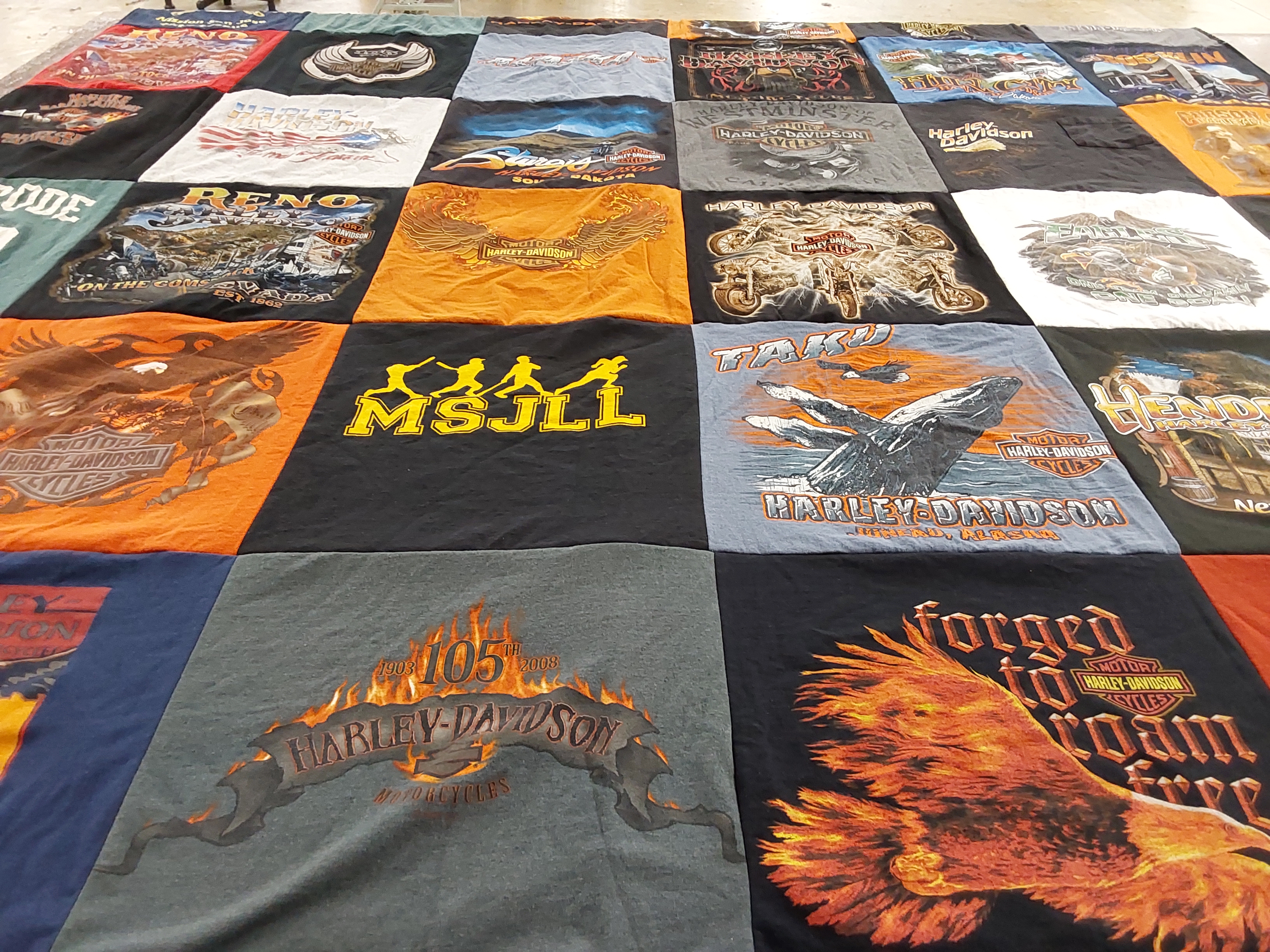 T-shirt quilt with motorcycles, biking themes by Teresa from CA