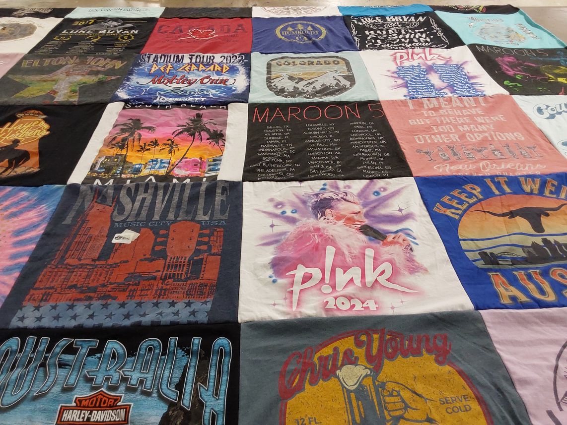 T-shirt quilt with music, travel themes by Tammy from TX